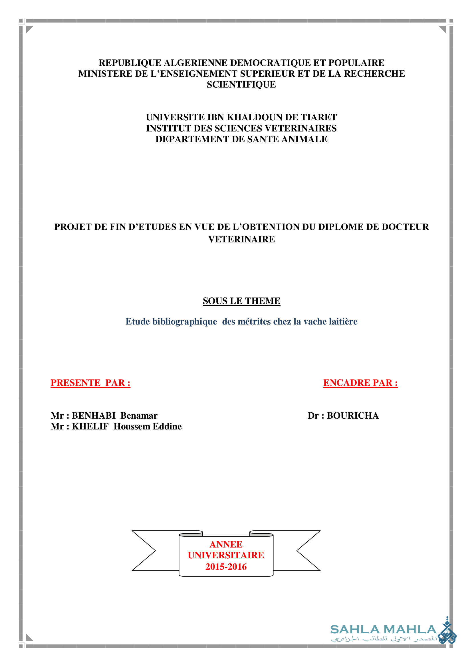 Etude bibliographique des métrites chez la vache laitière