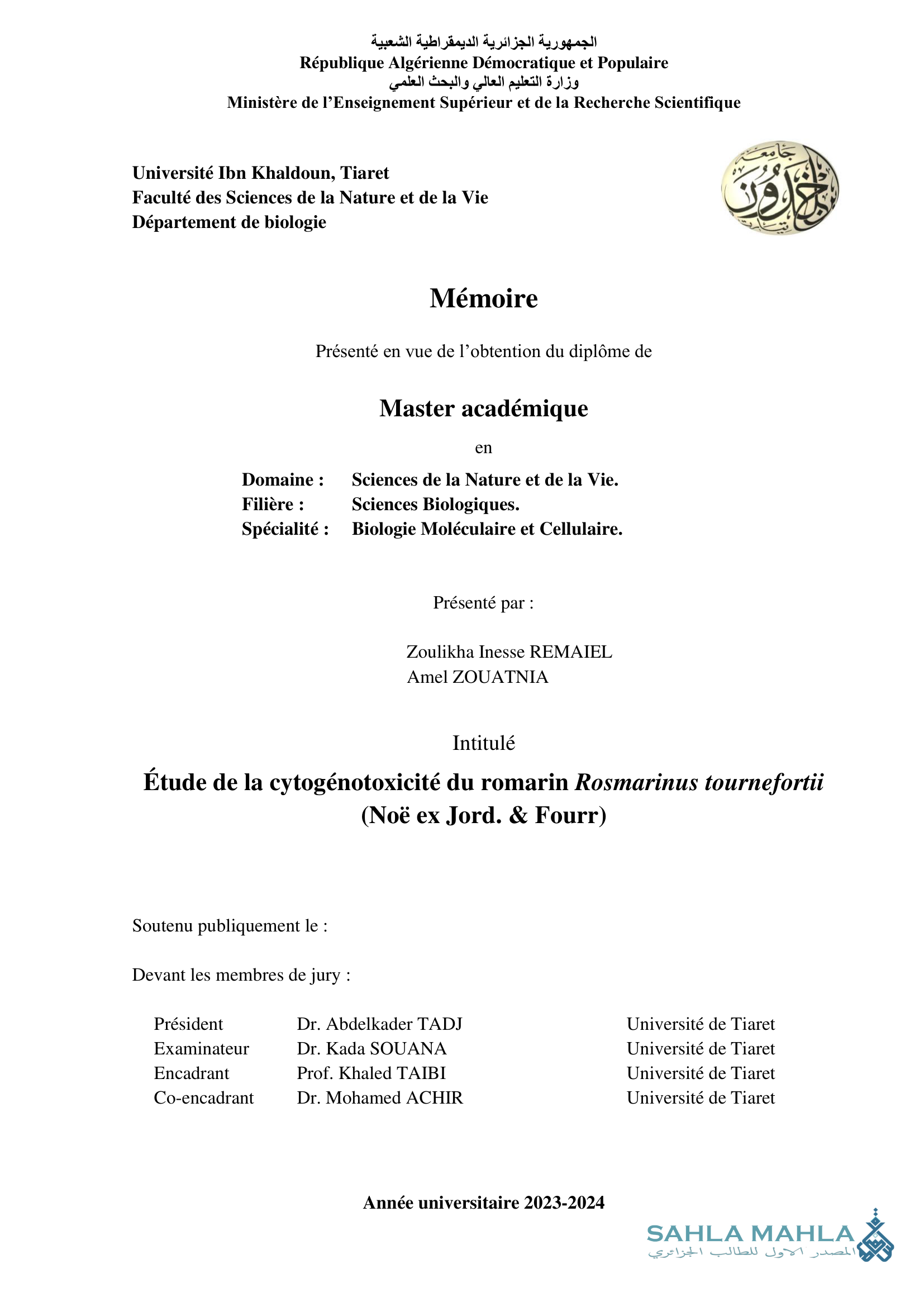 Étude de la cytogénotoxicité du romarin Rosmarinus tournefortii (Noë ex Jord. & Fourr)