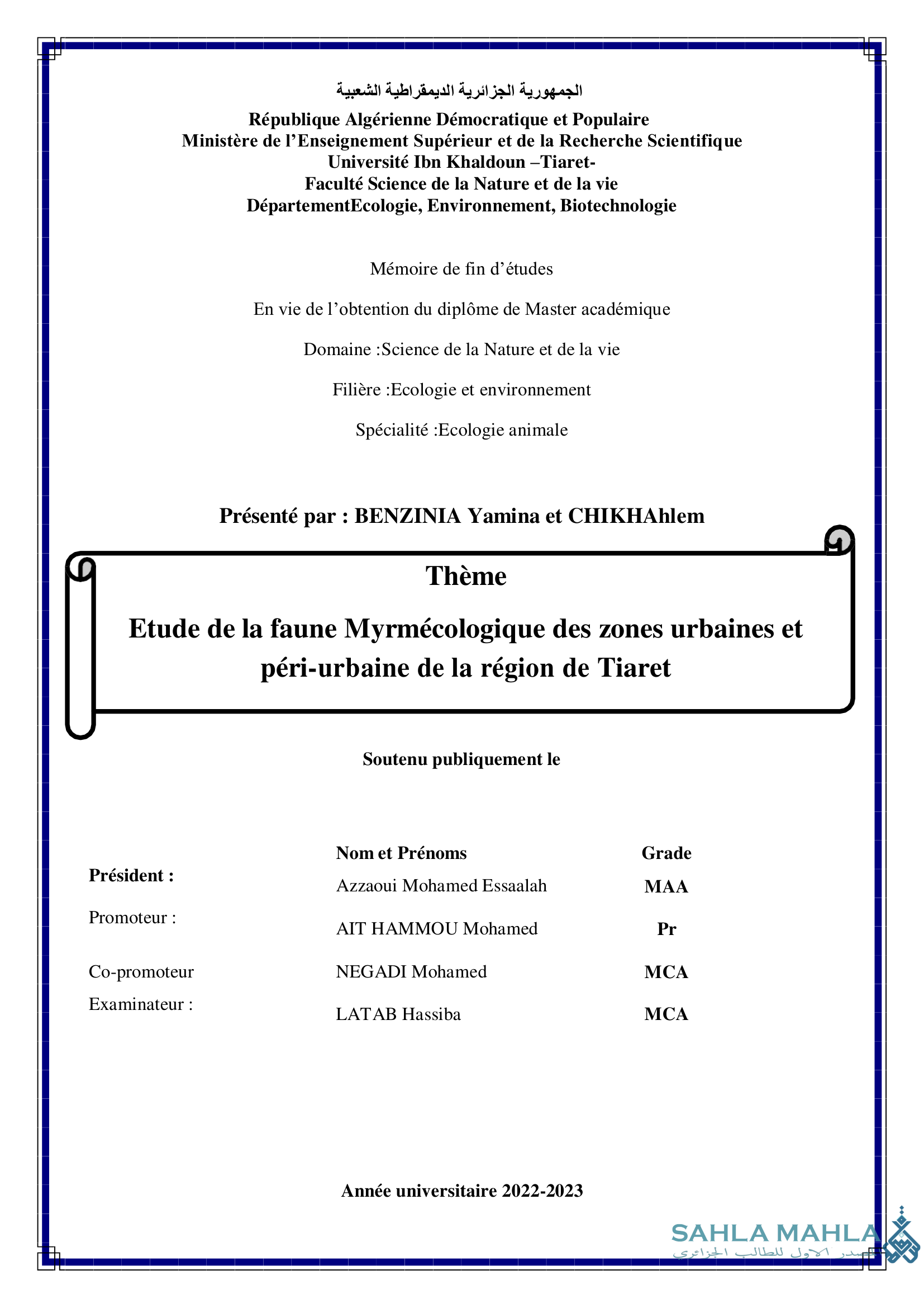 Etude de la faune Myrmécologique des zones urbaines et péri-urbaine de la région de Tiaret