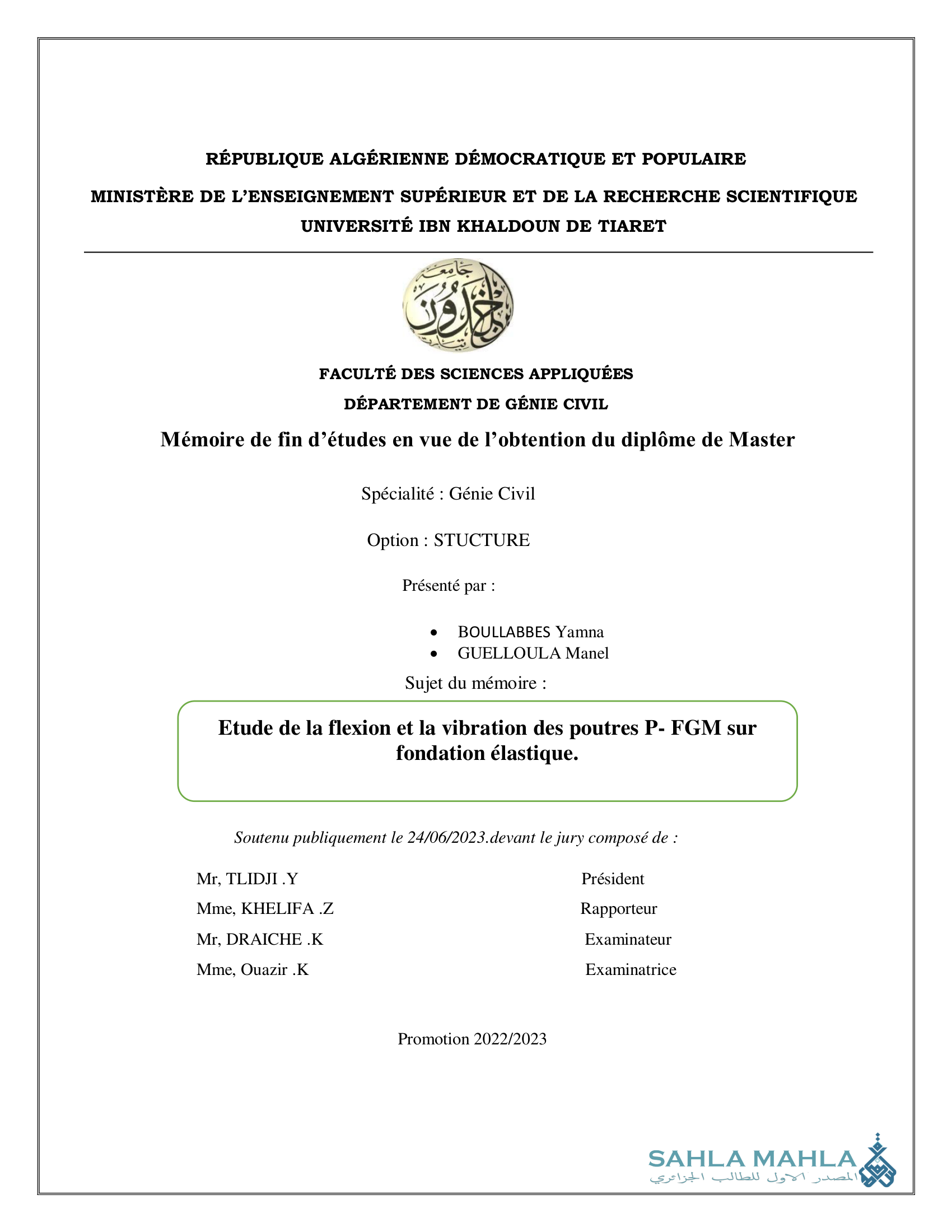 Etude de la flexion et la vibration des poutres P- FGM sur fondation élastique.