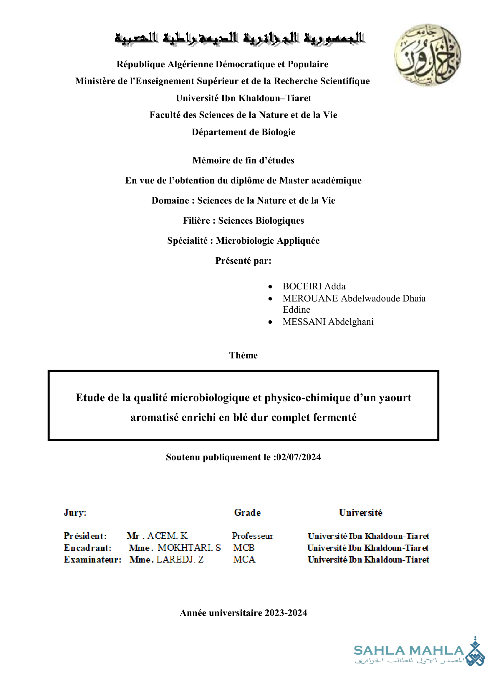 Etude de la qualité microbiologique et physico-chimique d'un yaourt aromatisé enrichi en blé dur complet fermenté