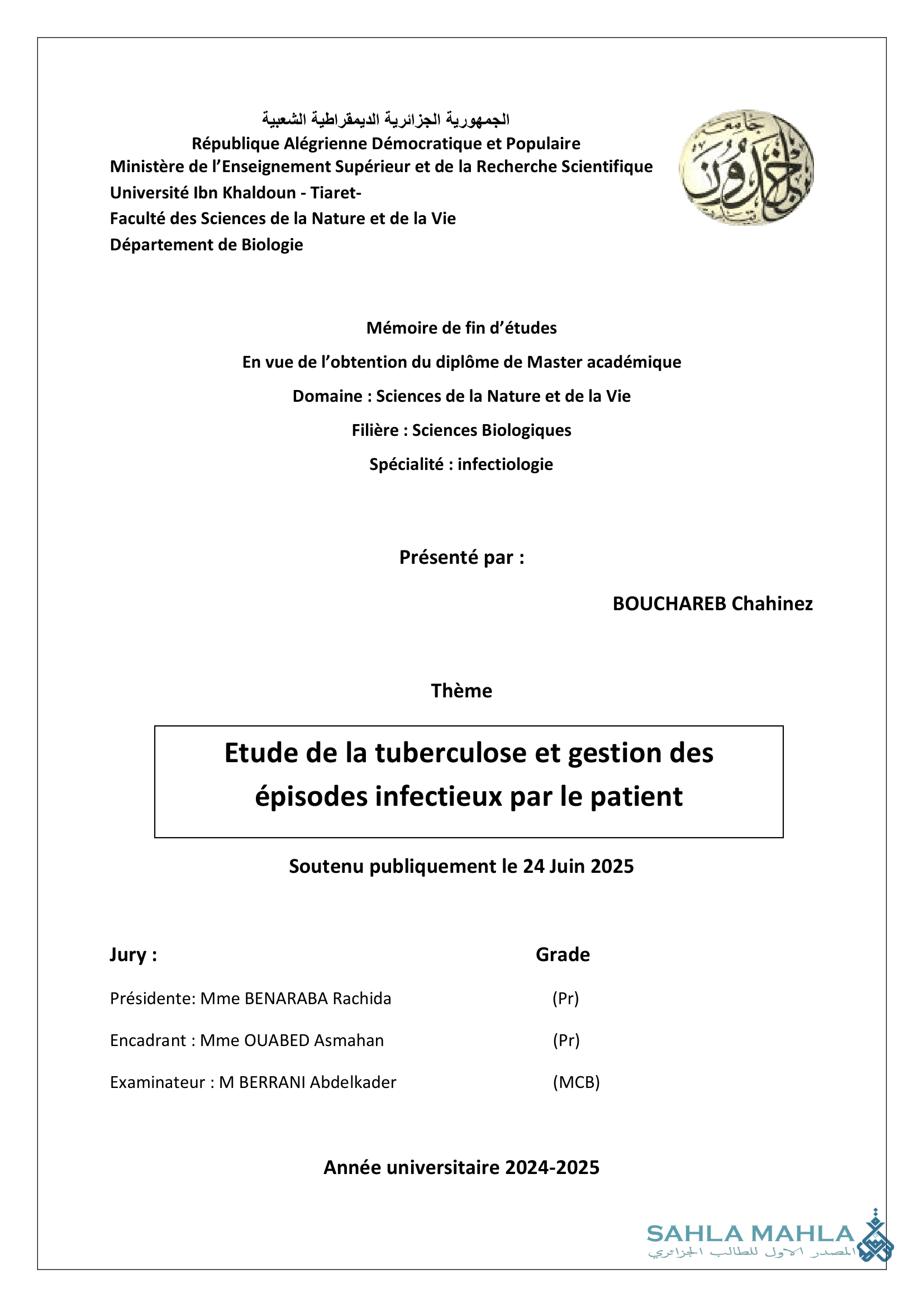 Etude de la tuberculose et gestion des épisodes infectieux par le patient