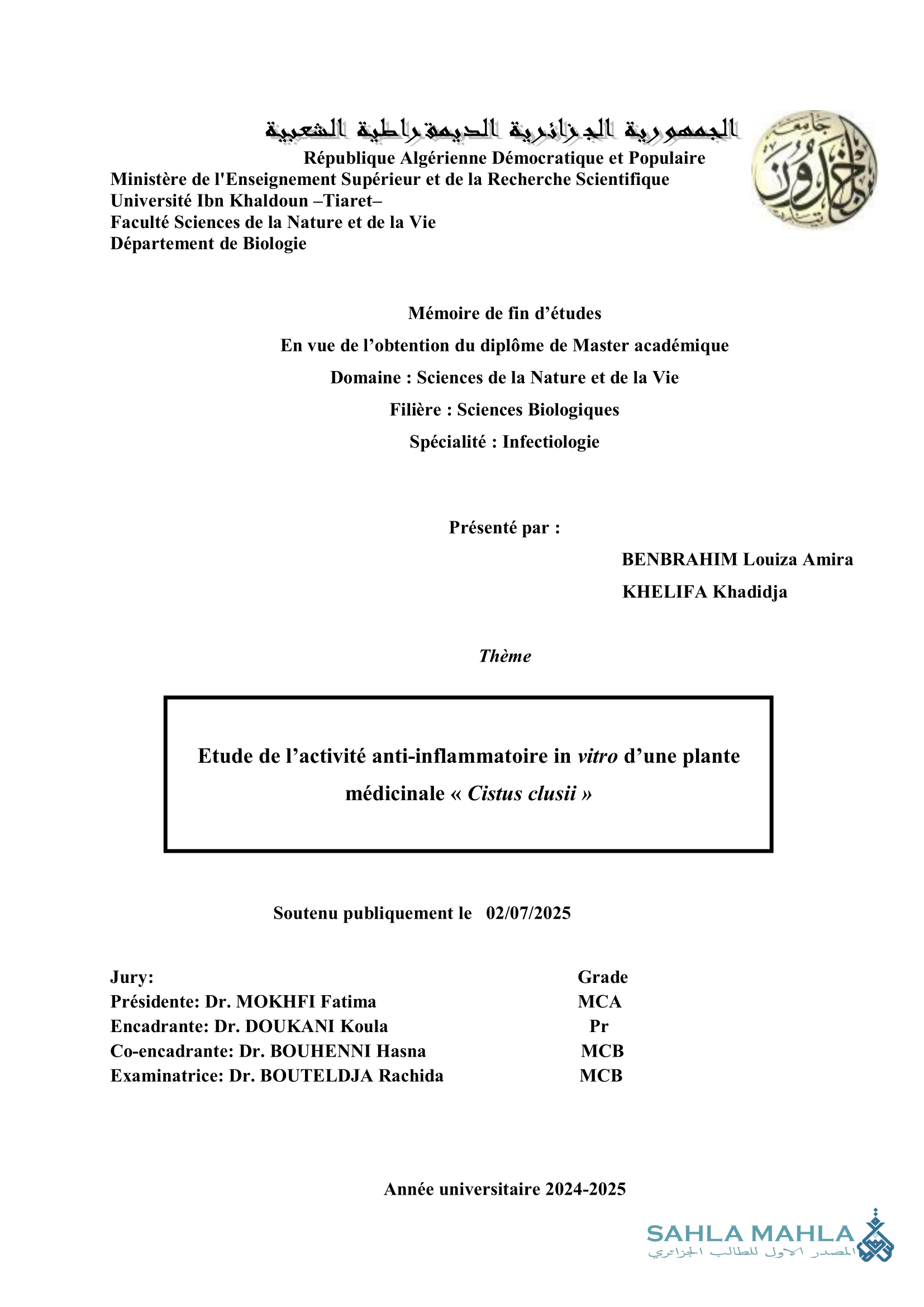 Etude de l'activité anti-inflammatoire in vitro d'une plante médicinale « Cistus clusii »