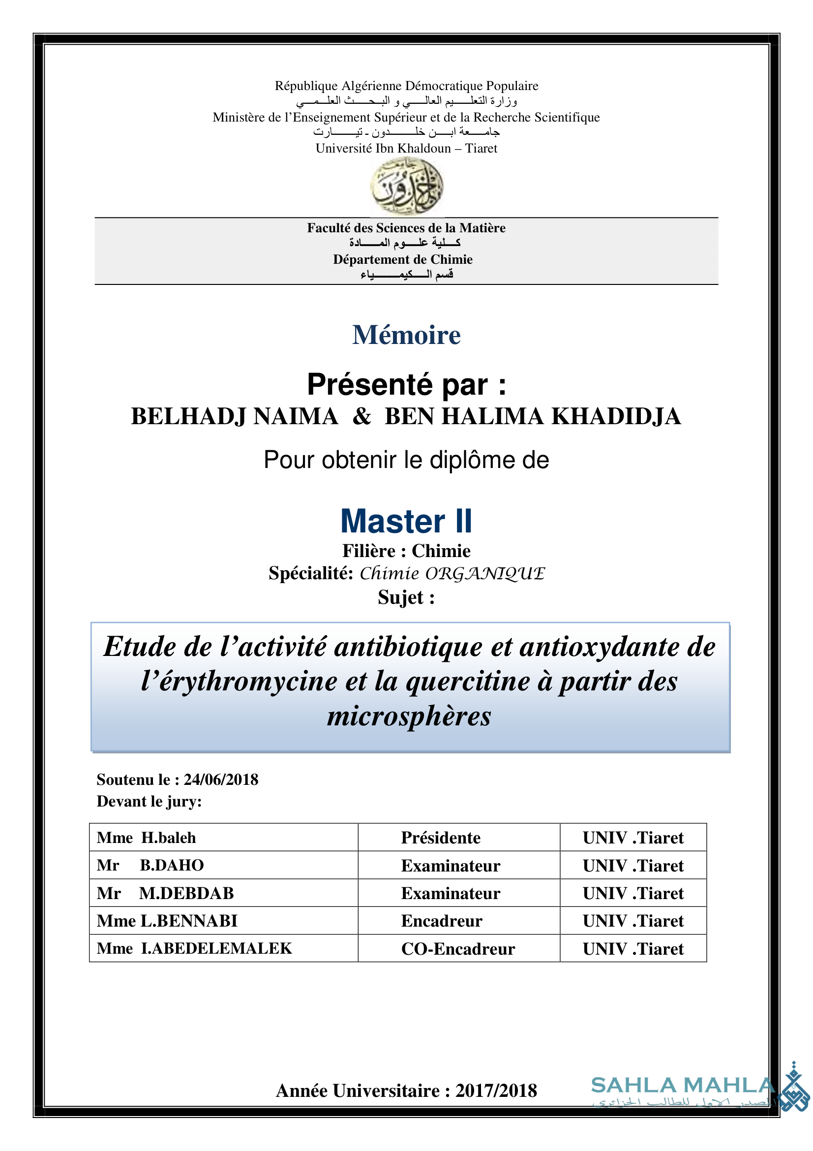 Etude de l'activité antibiotique et antioxydante de l'érythromycine et la quercitine à partir des microsphères