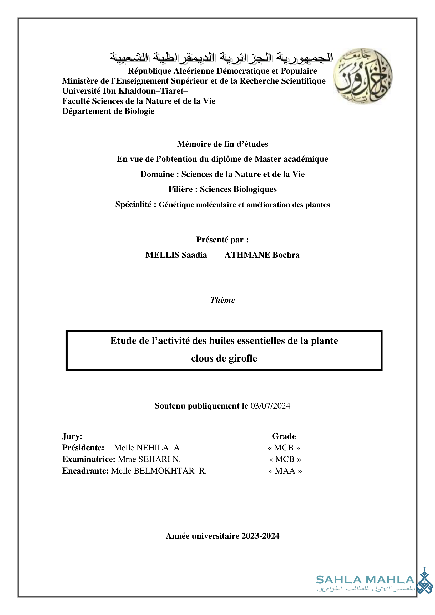 Etude de l'activité des huiles essentielles de la plante clous de girofle