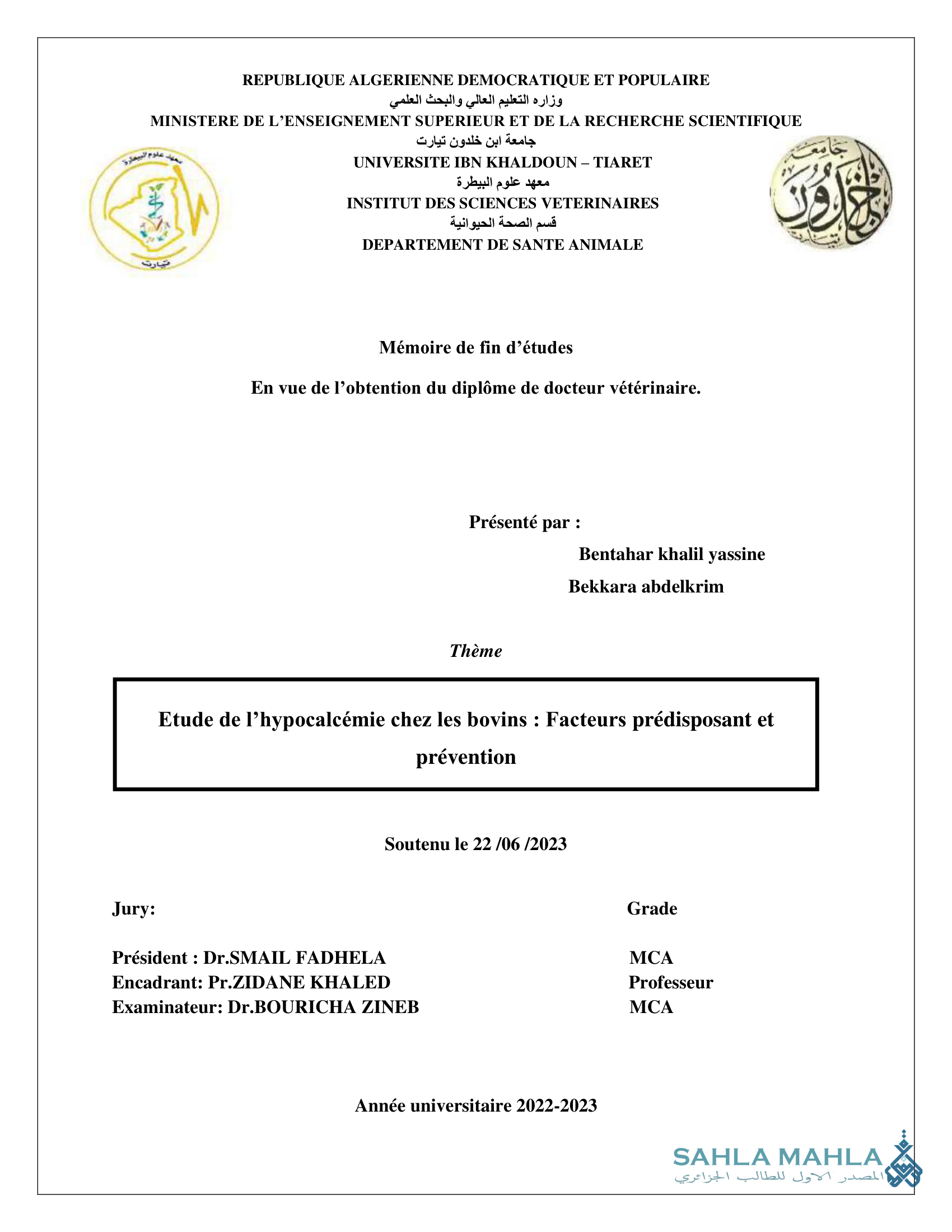 Etude de l'hypocalcémie chez les bovins : Facteurs prédisposant et prévention