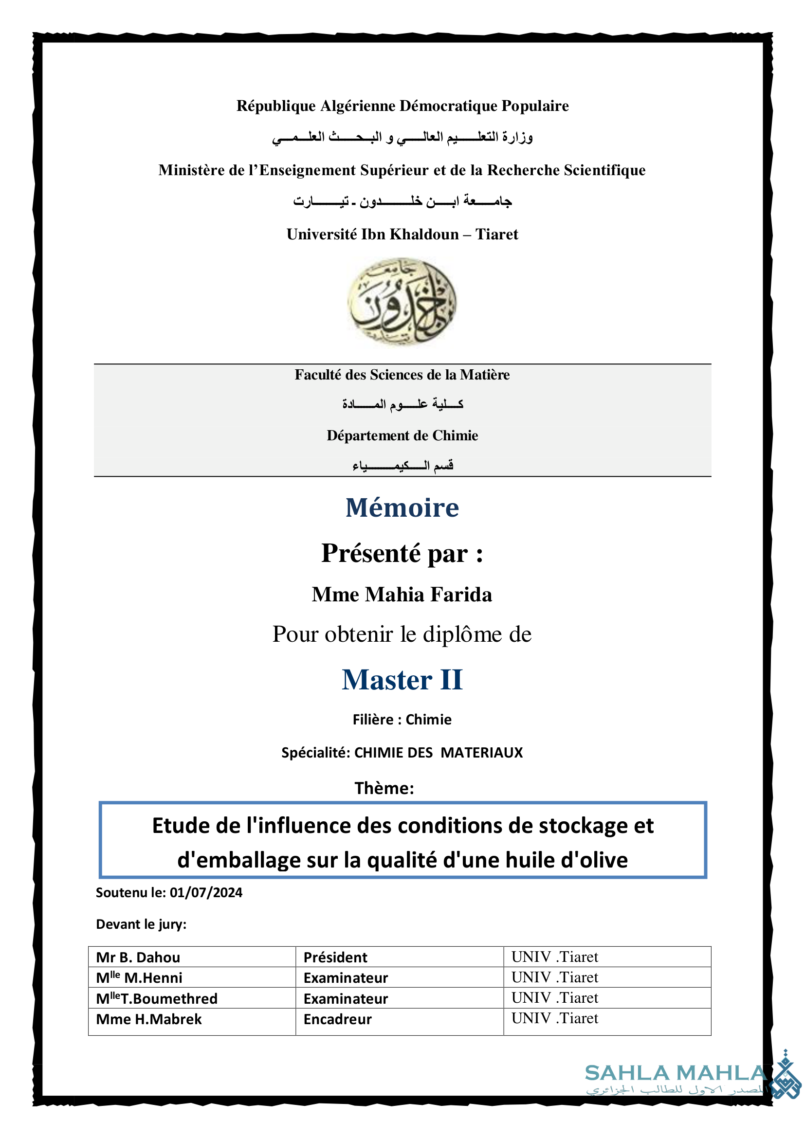Etude de l'influence des conditions de stockage et d'emballage sur la qualité d'une huile d'olive