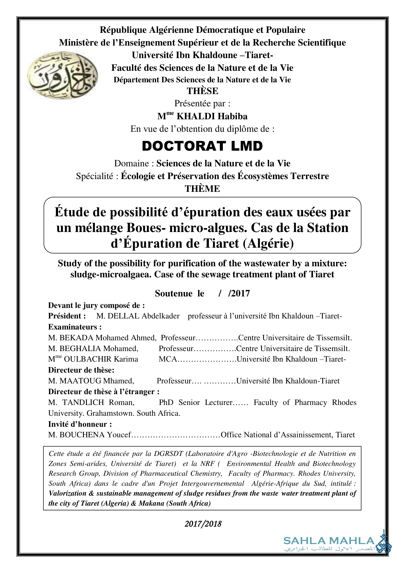 Étude de possibilité d'épuration des eaux usées par un mélange Boues- micro-algues. Cas de la Station d'Épuration de Tiaret (Algérie)