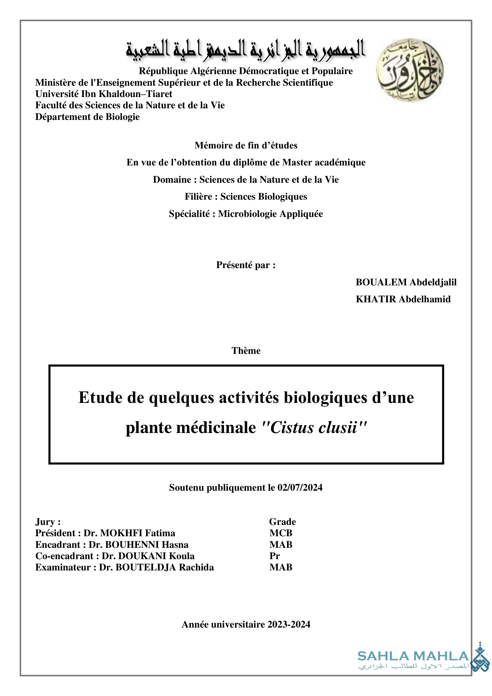 Etude de quelques activités biologiques d'une plante médicinale 
