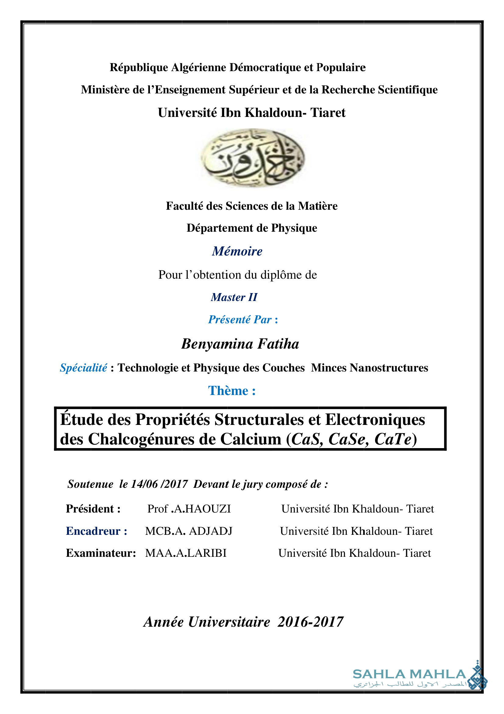 Étude des Propriétés Structurales et Electroniques des Chalcogénures de Calcium (CaS, CaSe, CaTe)
