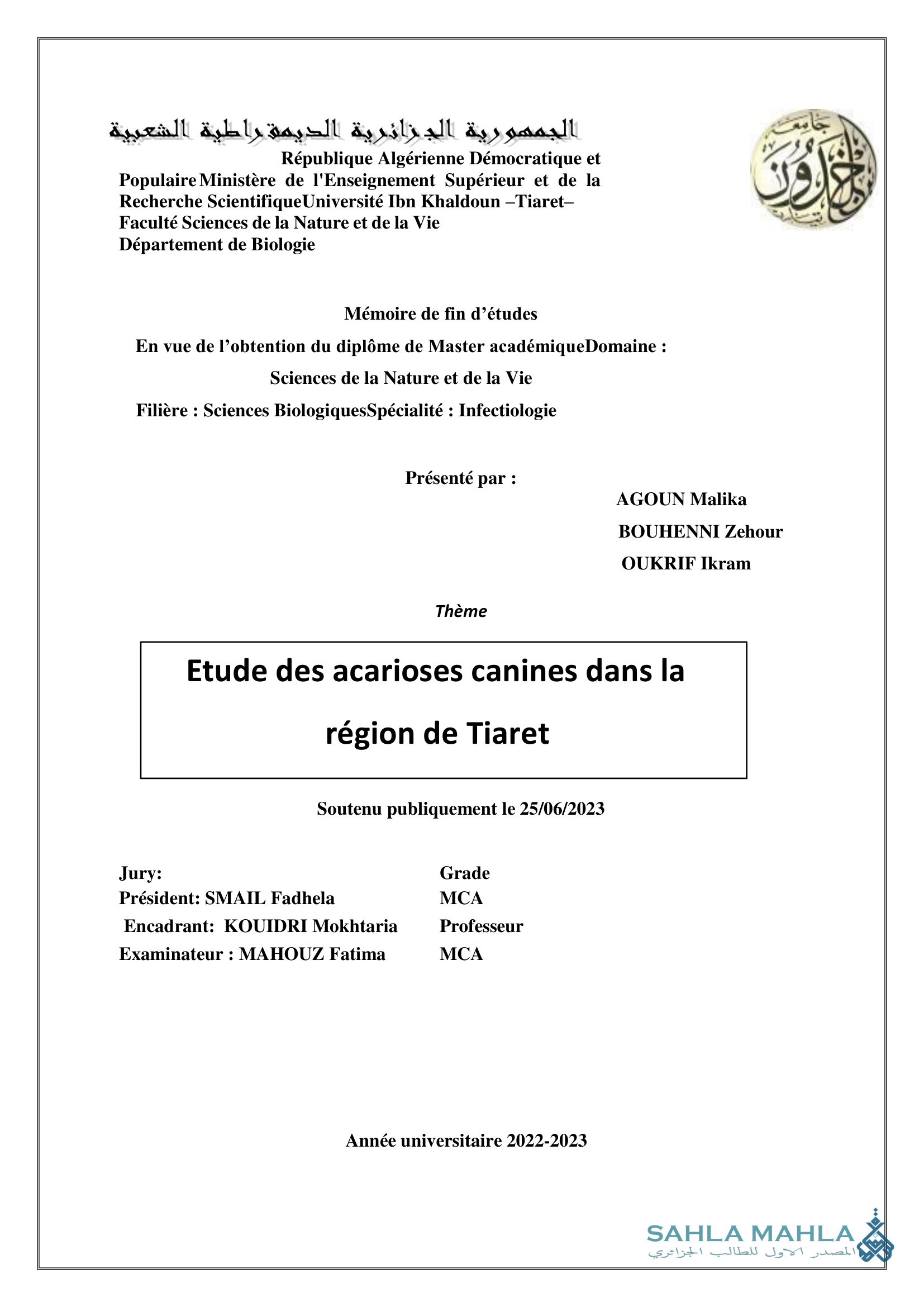 Etude des acarioses canines dans la région de Tiaret