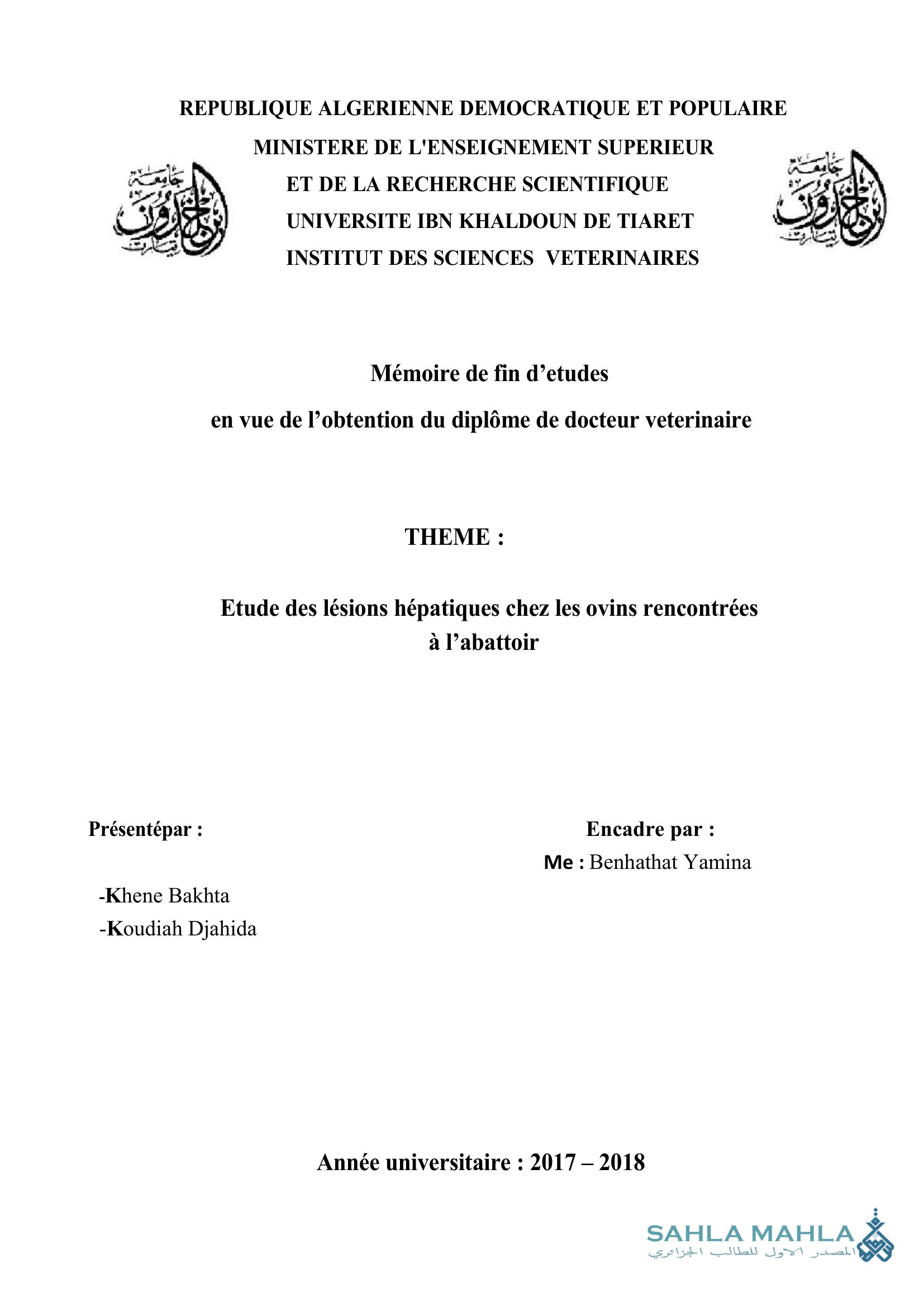 Etude des lésions hépatiques chez les ovins rencontrées à l'abattoir