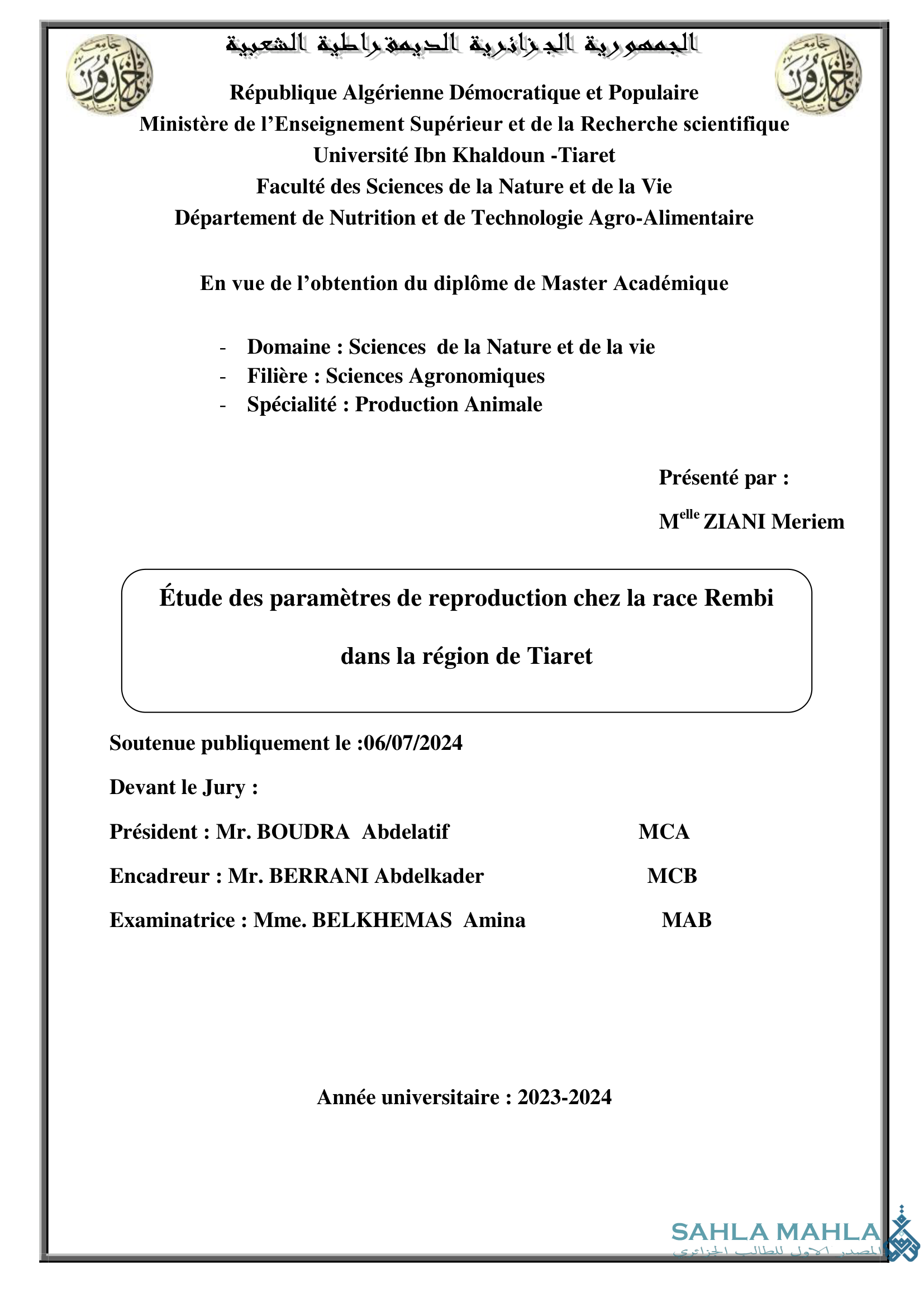 Étude des paramètres de reproduction chez la race Rembi dans la région de Tiaret
