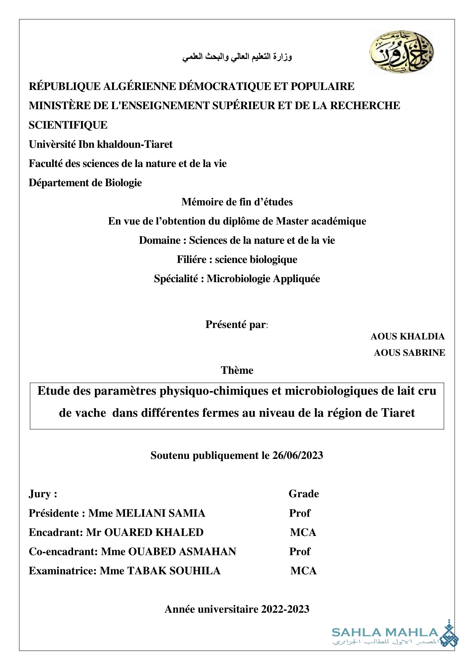 Etude des paramètres physiquo-chimiques et microbiologiques de lait cru de vache dans différentes fermes au niveau de la région de Tiaret
