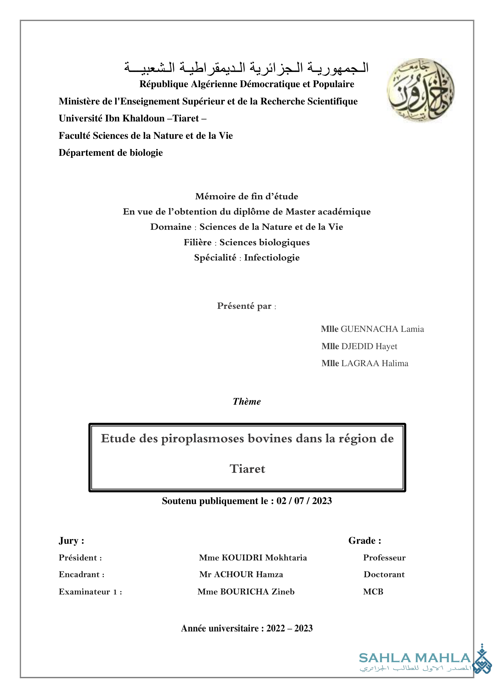 Etude des piroplasmoses bovines dans la région de Tiaret