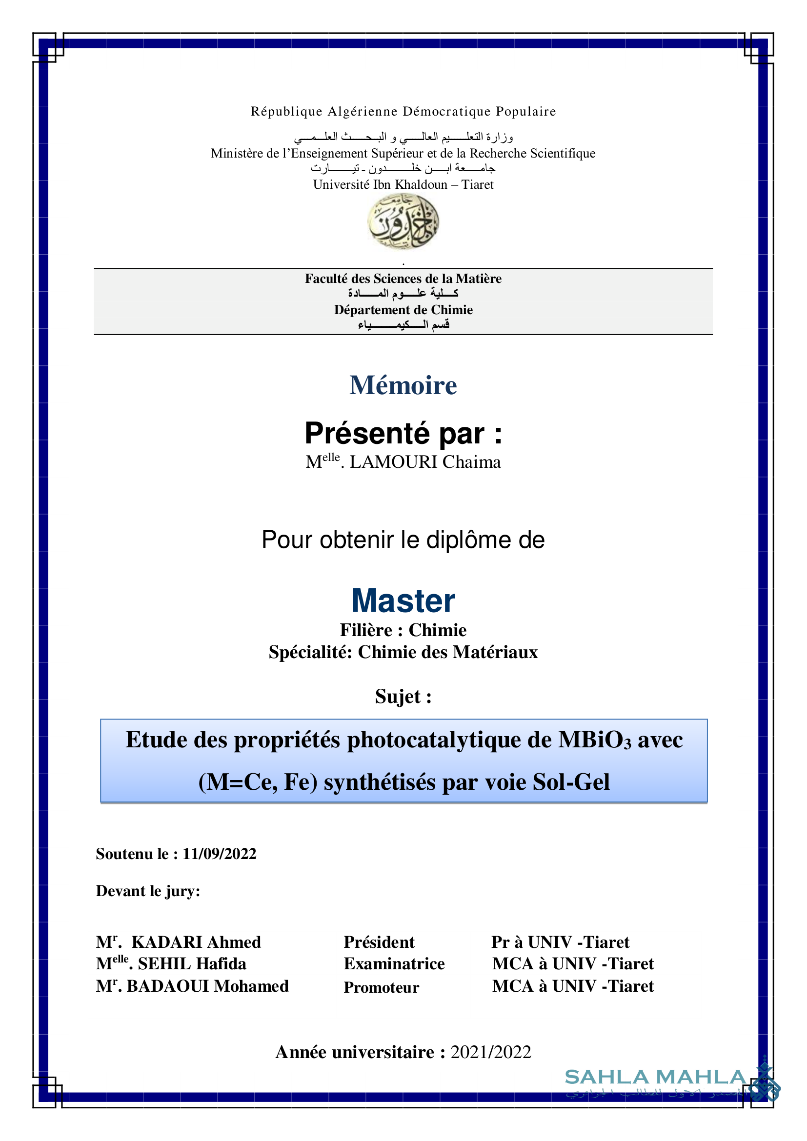 Etude des propriétés photocatalytique de MBiO3 avec (M=Ce, Fe) synthétisés par voie Sol-Gel