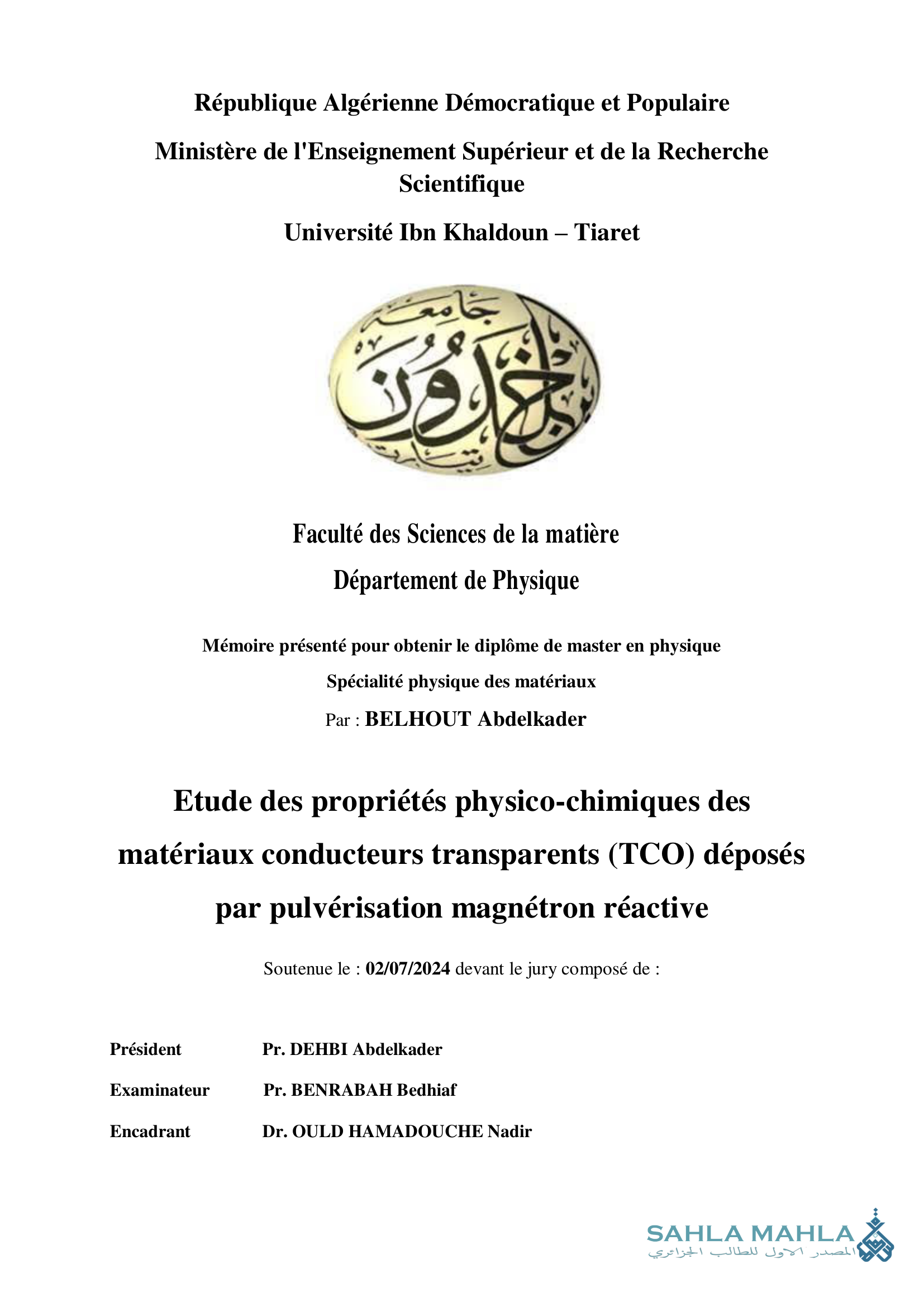 Etude des propriétés physico-chimiques des matériaux conducteurs transparents (TCO) déposés par pulvérisation magnétron réactive