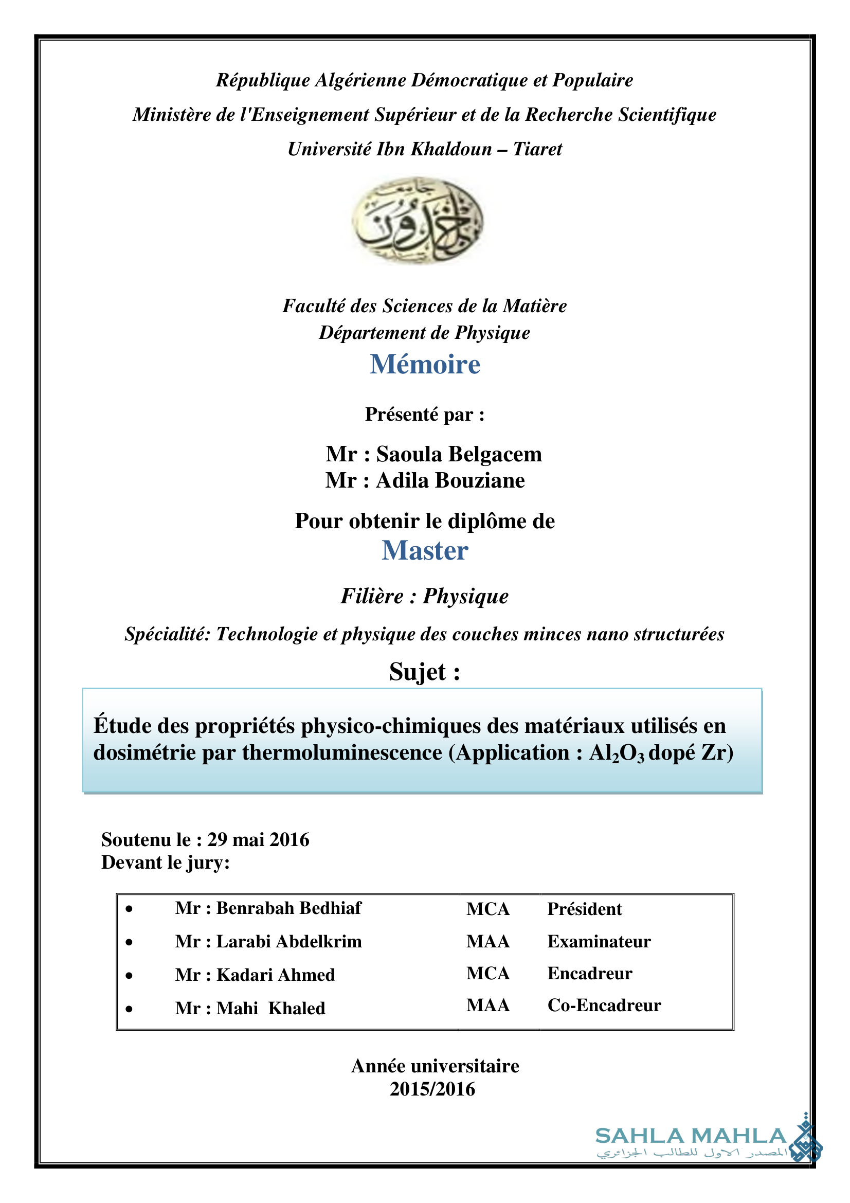 Étude des propriétés physico-chimiques des matériaux utilisés en dosimétrie par thermoluminescence (Application : Al2O3 dopé Zr)