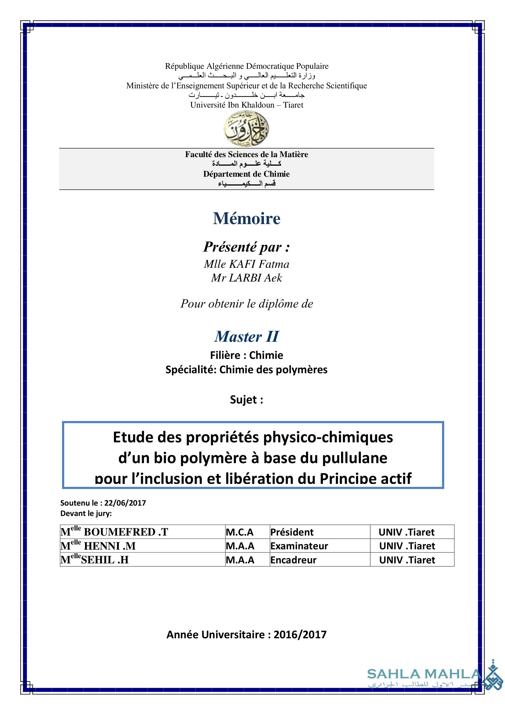 Etude des propriétés physico-chimiques d'un bio polymère à base du pullulane pour l'inclusion et libération du Principe actif
