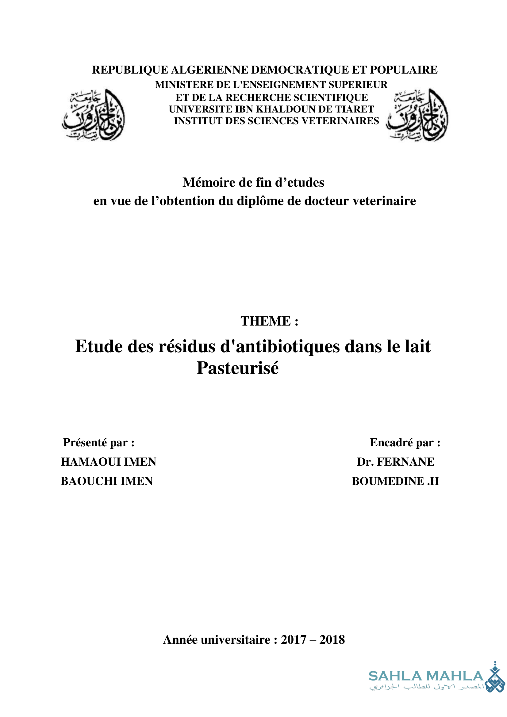 Etude des résidus d'antibiotiques dans le lait