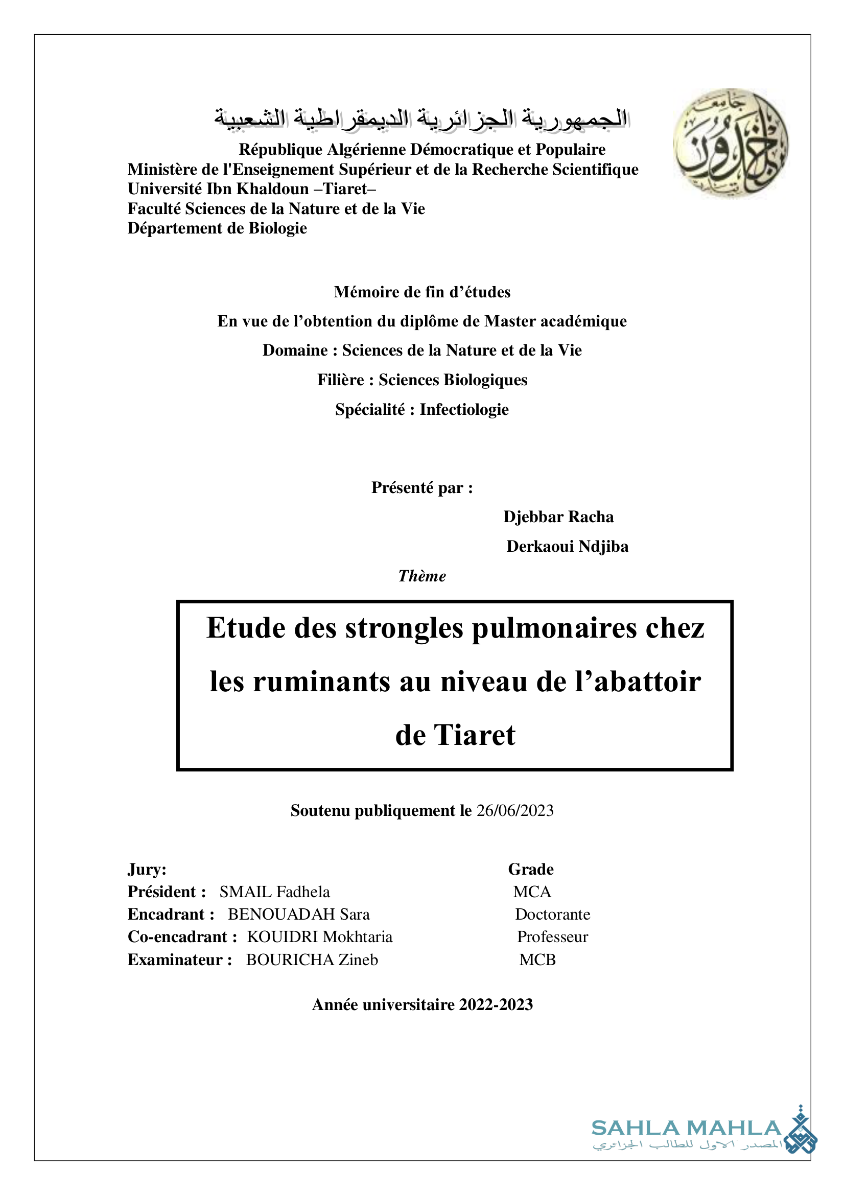 Etude des strongles pulmonaires chez les ruminants au niveau de l'abattoir de Tiaret