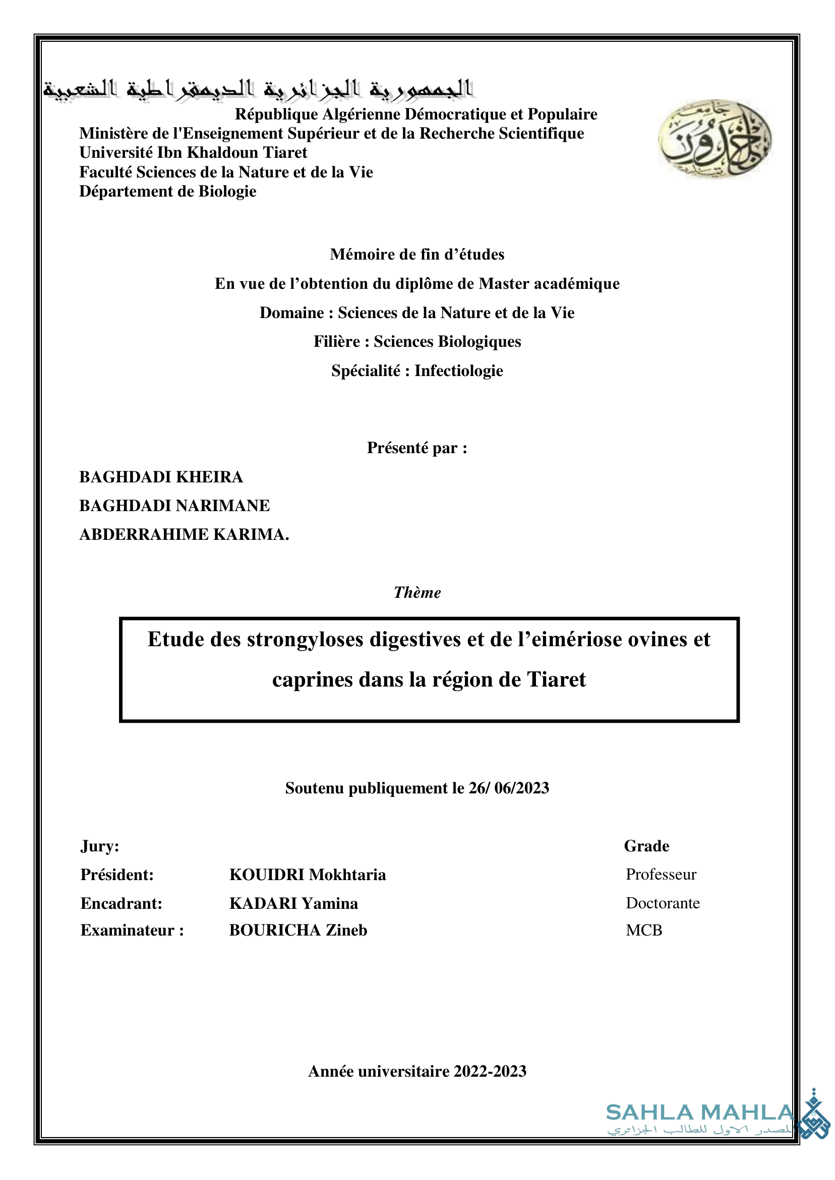 Etude des strongyloses digestives et de l'eimériose ovines et caprines dans la région de Tiaret