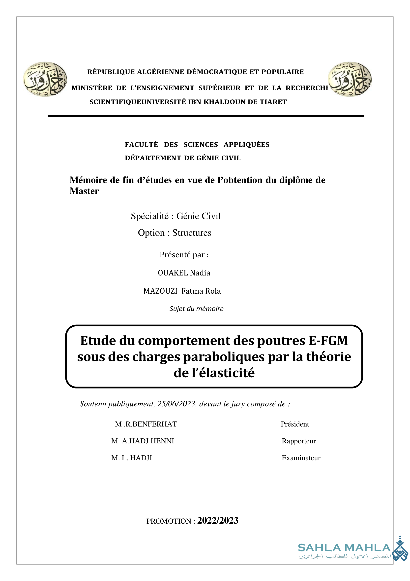Etude du comportement des poutres E-FGM sous des charges paraboliques par la théorie de l'élasticité