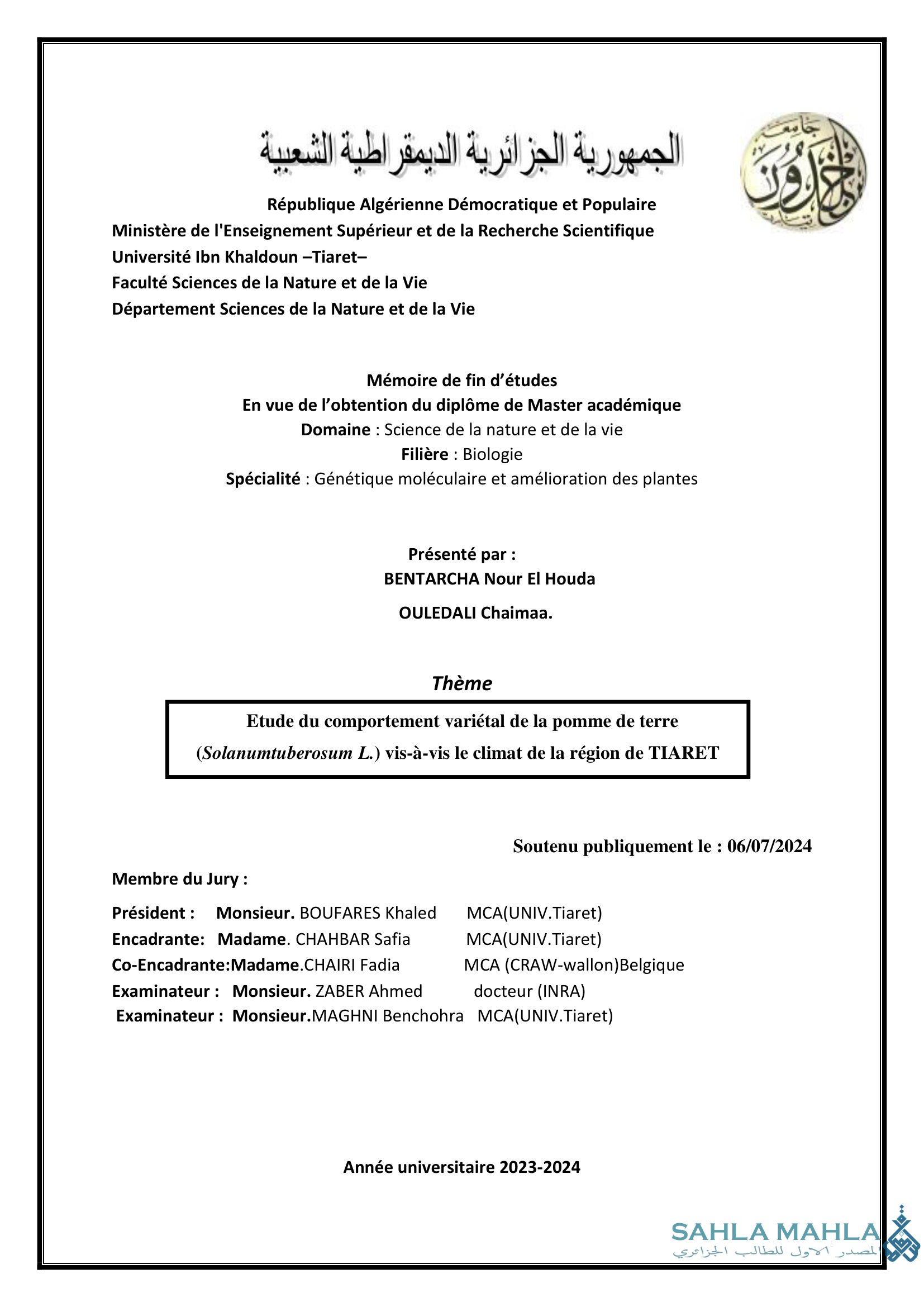 Etude du comportement variétal de la pomme de terre (Solanumtuberosum L.) vis-à-vis le climat de la région de TIARET