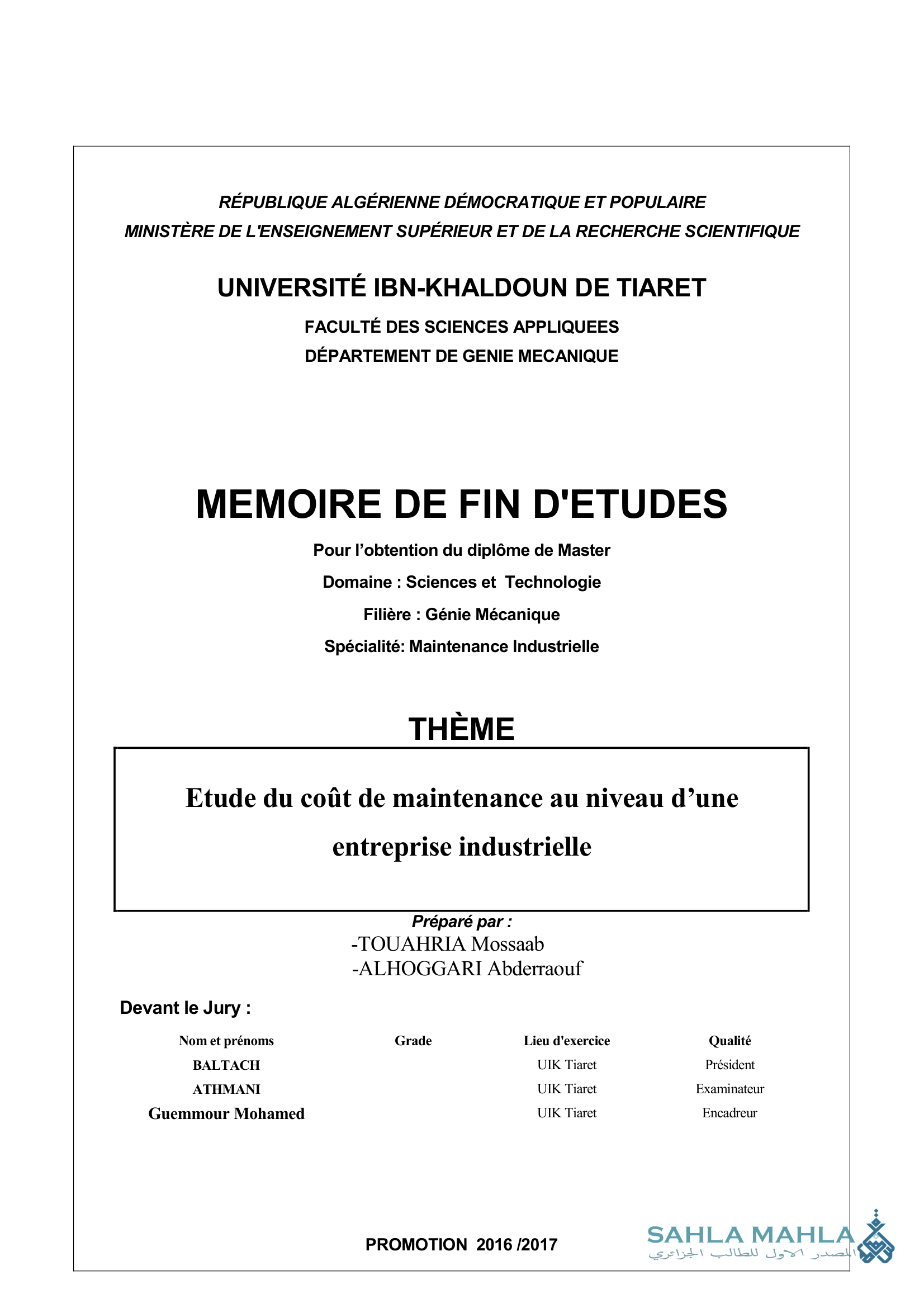 Etude du coût de maintenance au niveau d'une entreprise industrielle