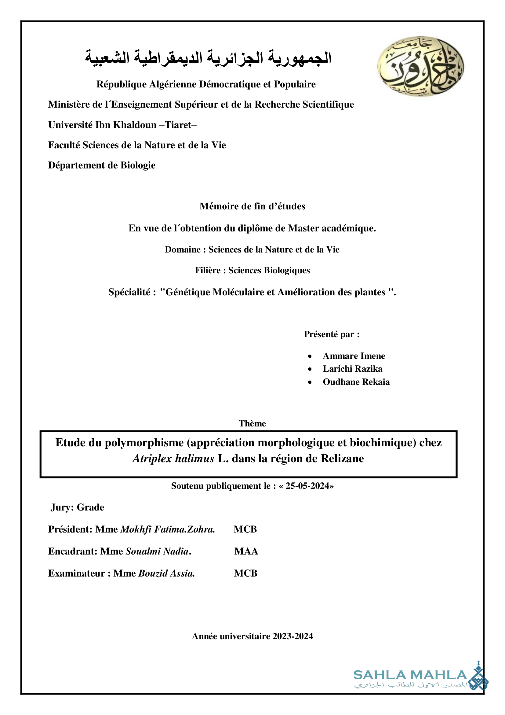 Etude du polymorphisme (appréciation morphologique et biochimique) chez Atriplex halimus L. dans la région de Relizane