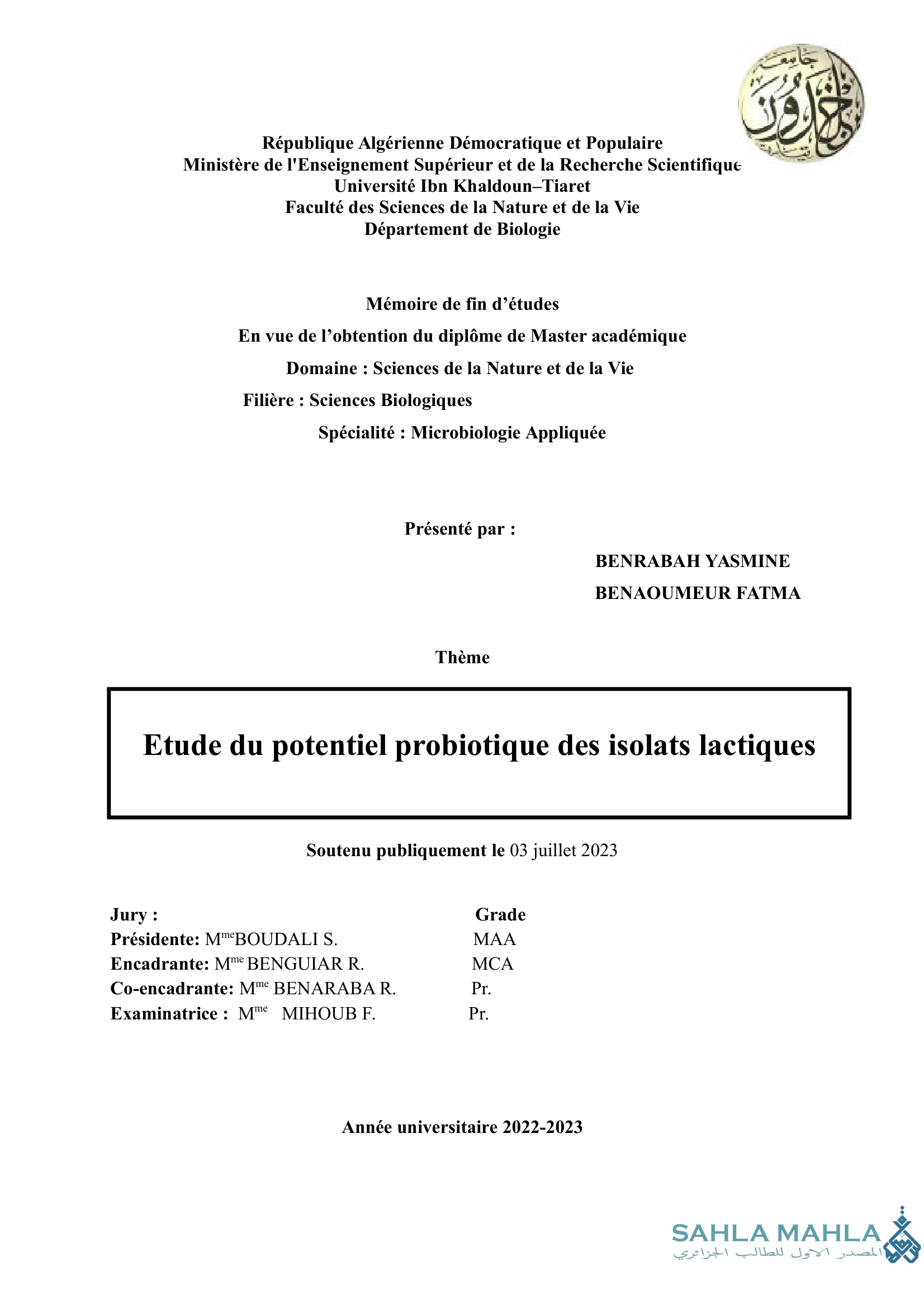 Etude du potentiel probiotique des isolats lactiques