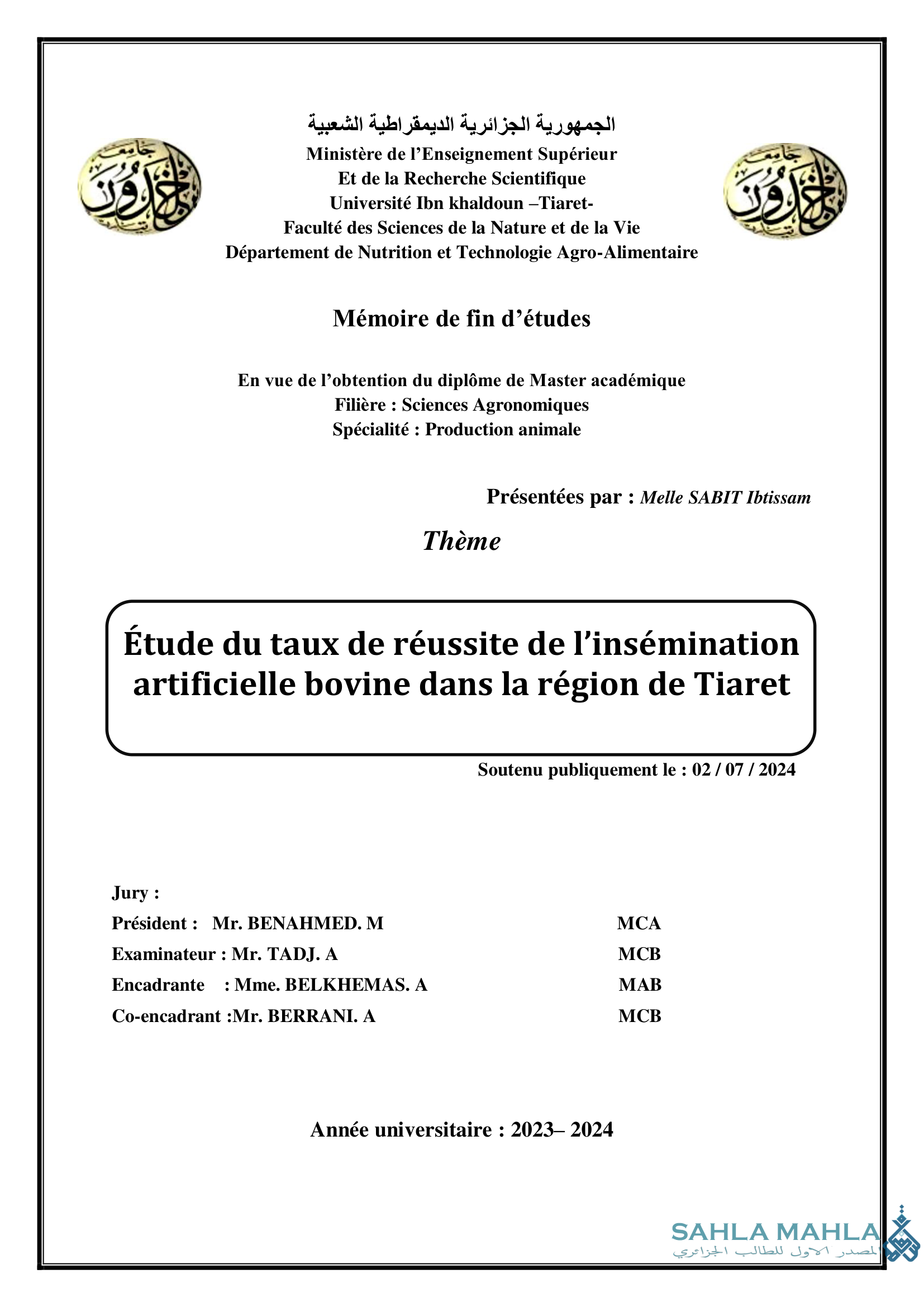 Étude du taux de réussite de l'insémination artificielle bovine dans la région de Tiaret