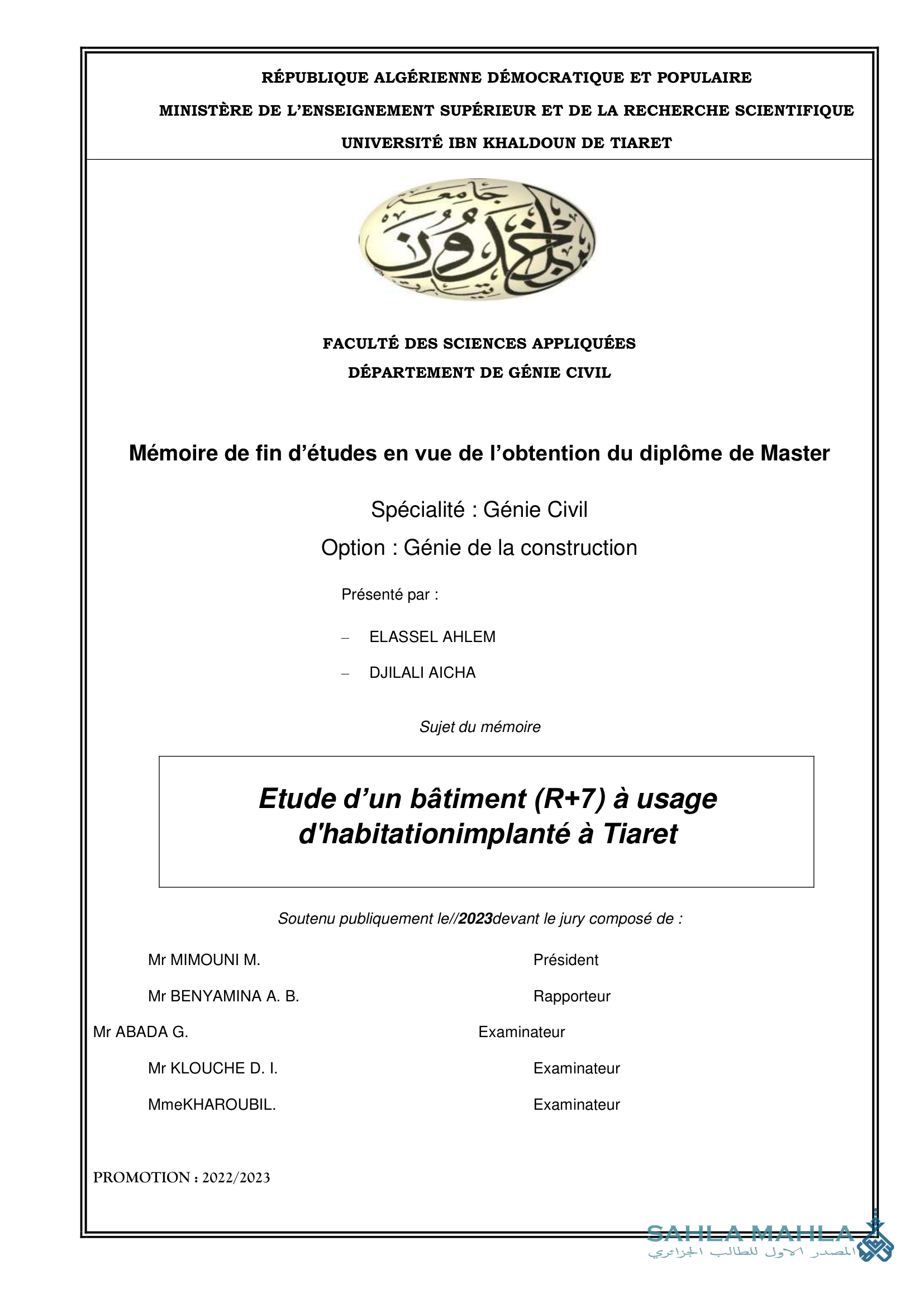 Etude d'un bâtiment (R+7) à usage d'habitation implanté à Tiaret