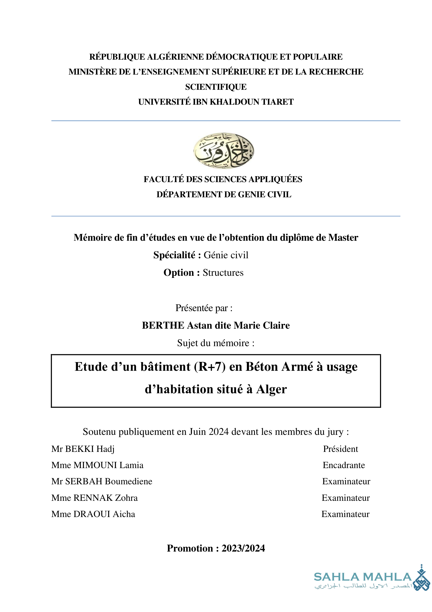 Etude d'un bâtiment (R+7) en Béton Armé à usage d'habitation situé à Alger