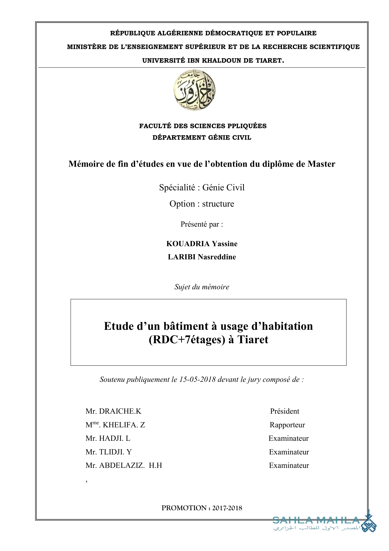 Etude d'un bâtiment à usage d'habitation (RDC+7étages) à Tiaret