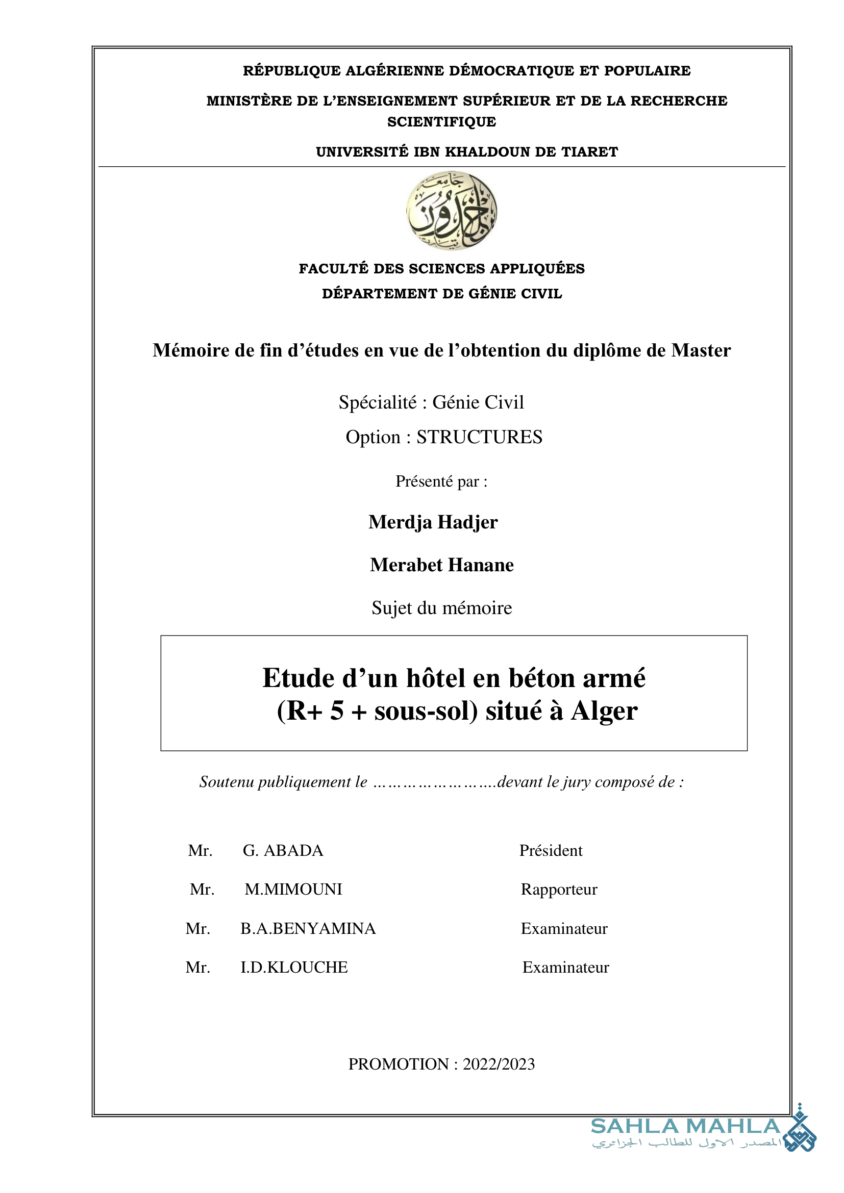 Etude d'un hôtel en béton armé (R+ 5 + sous-sol) situé à Alger