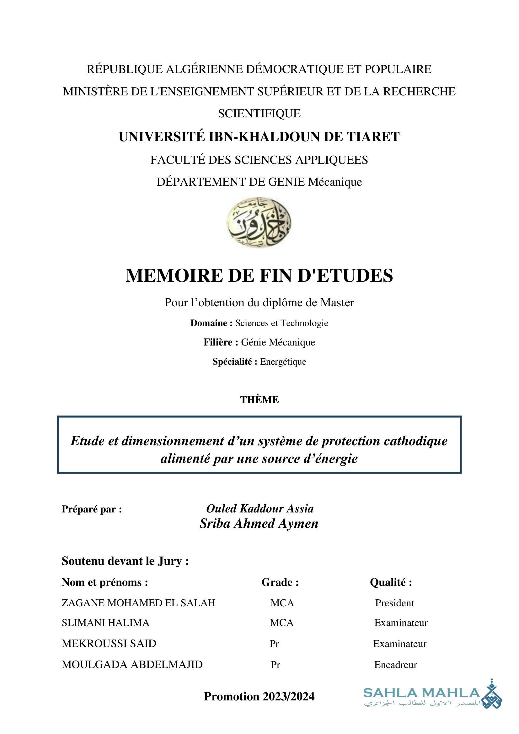 Etude et dimensionnement d'un système de protection cathodique alimenté par une source d'énergie