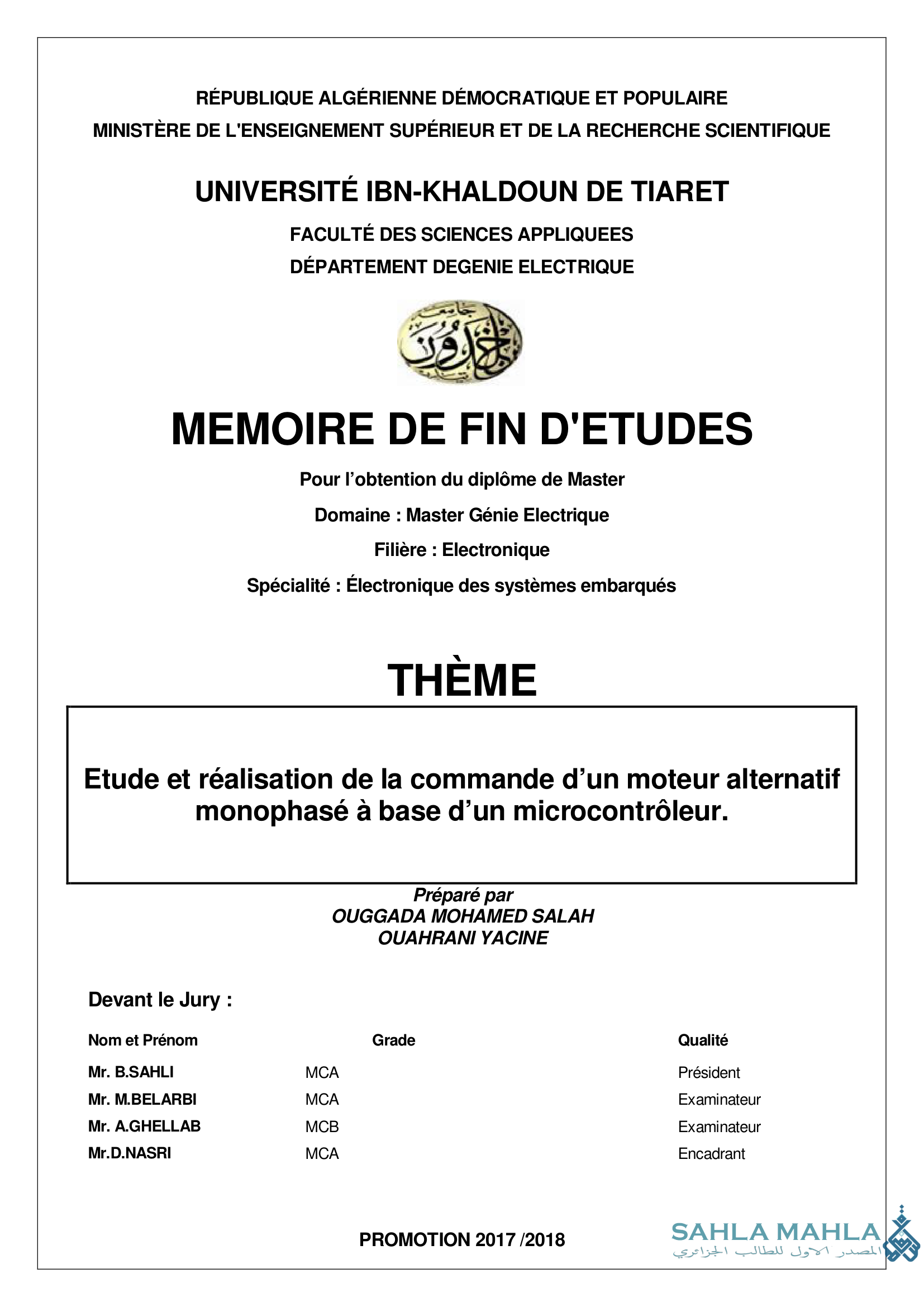 Etude et réalisation de la commande d'un moteur alternatif monophasé à base d'un microcontrôleur.