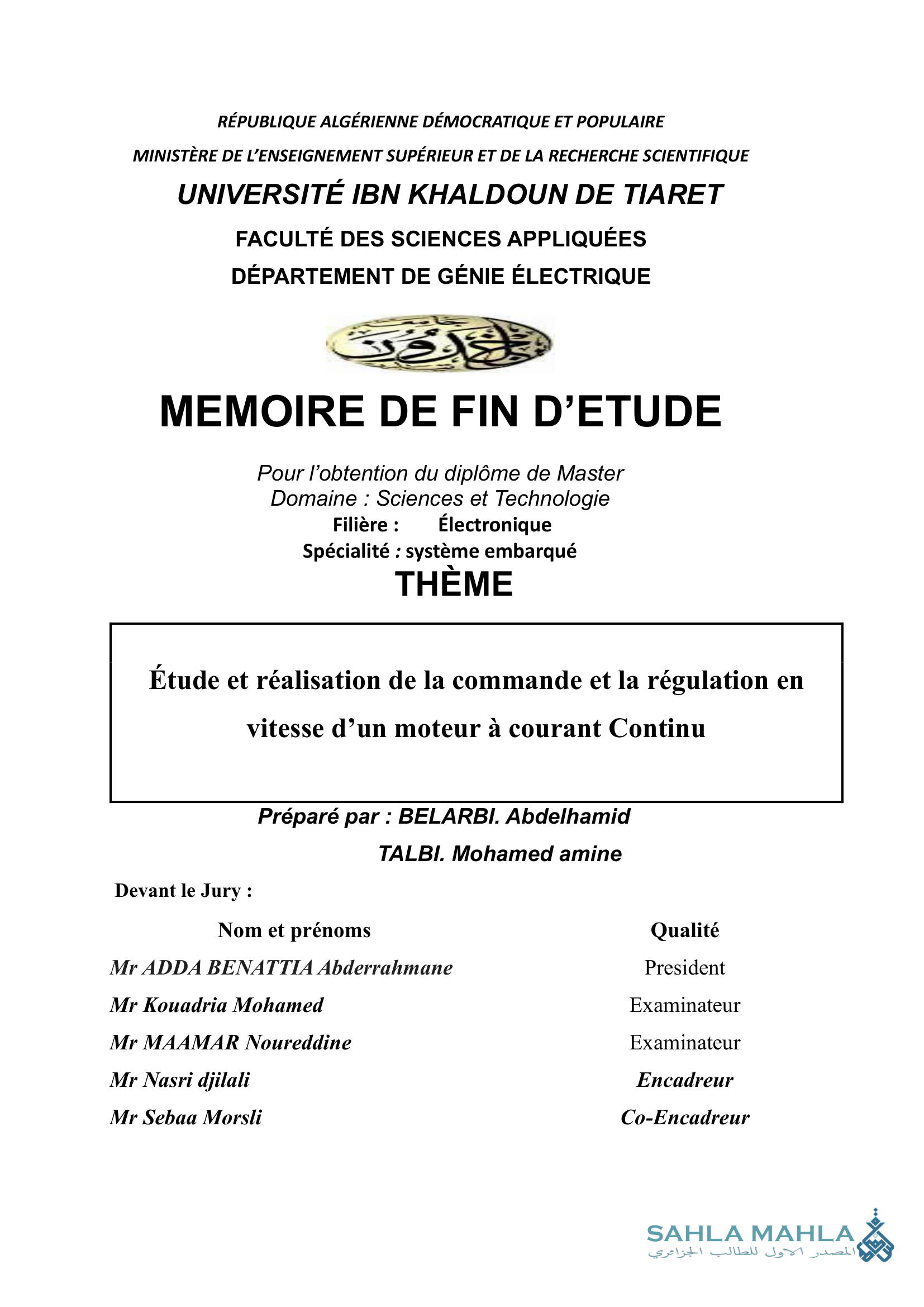 Étude et réalisation de la commande et la régulation en vitesse d'un moteur à courant Continu