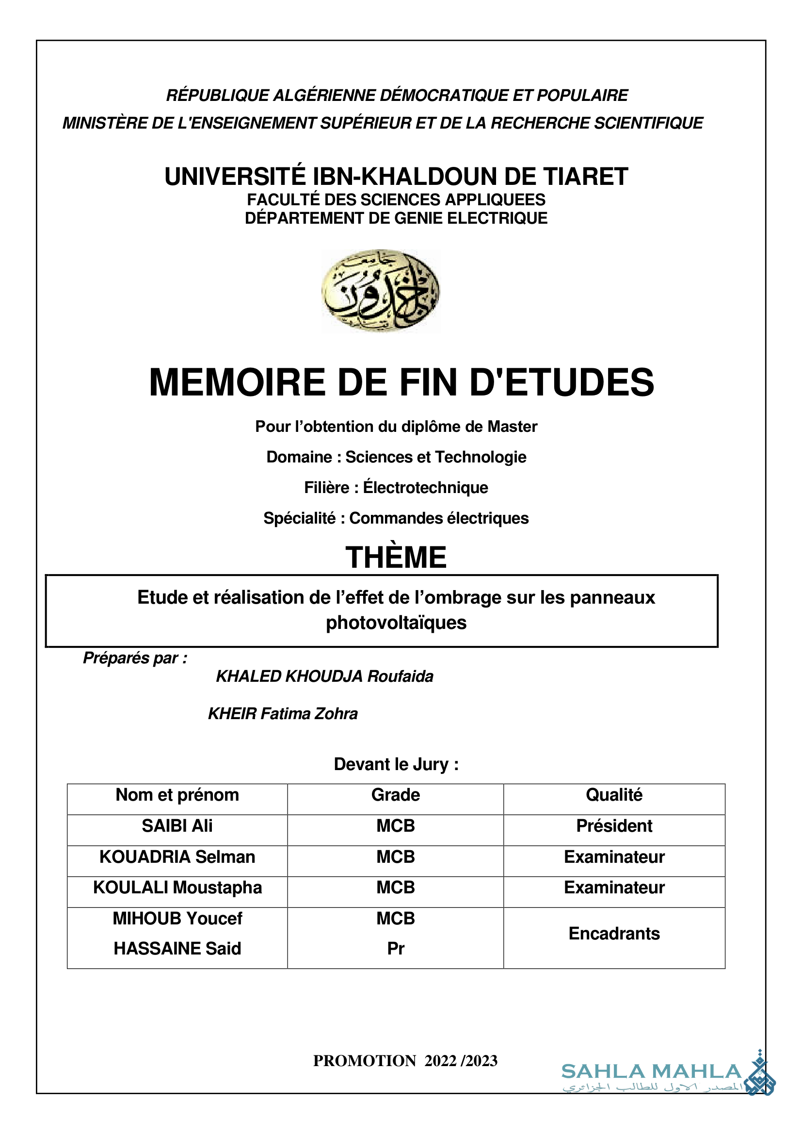Etude et réalisation de l'effet de l'ombrage sur les panneaux photovoltaïques