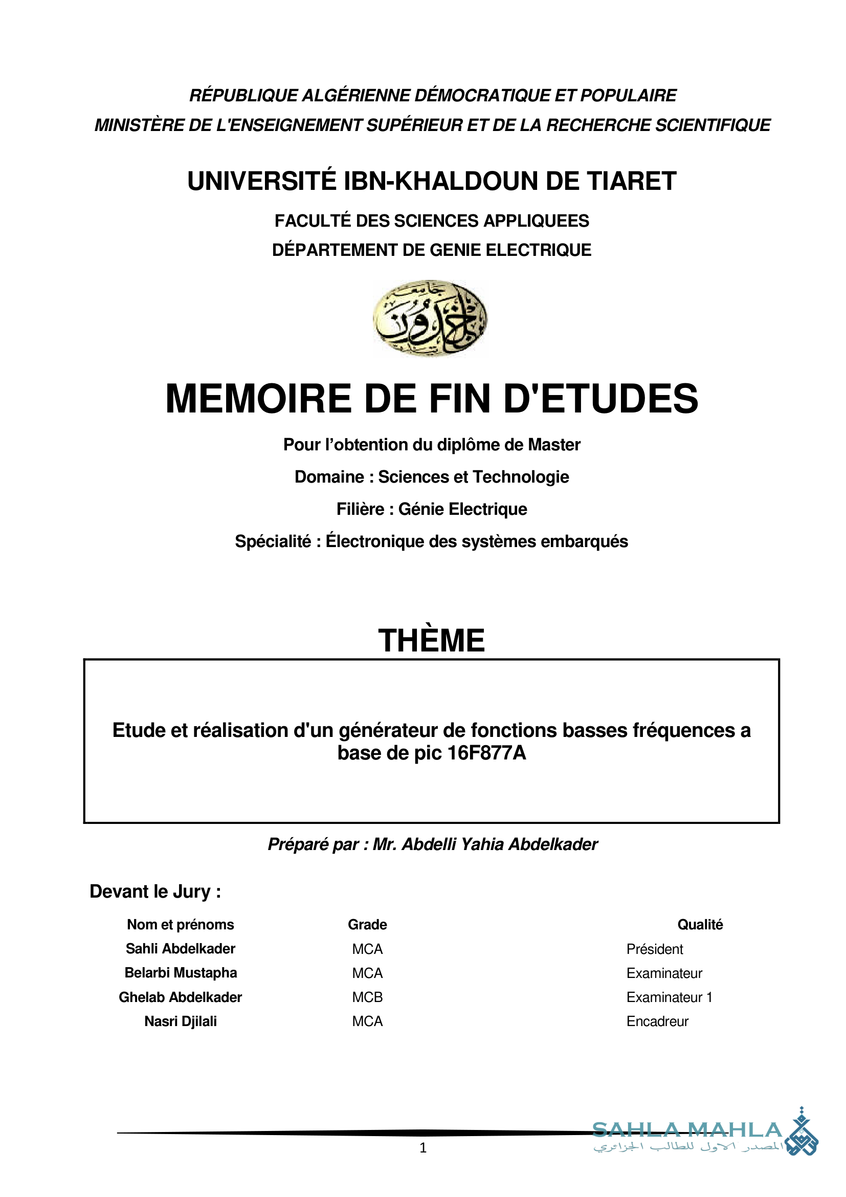 Etude et réalisation d'un générateur de fonctions basses fréquences a base de pic 16F877A