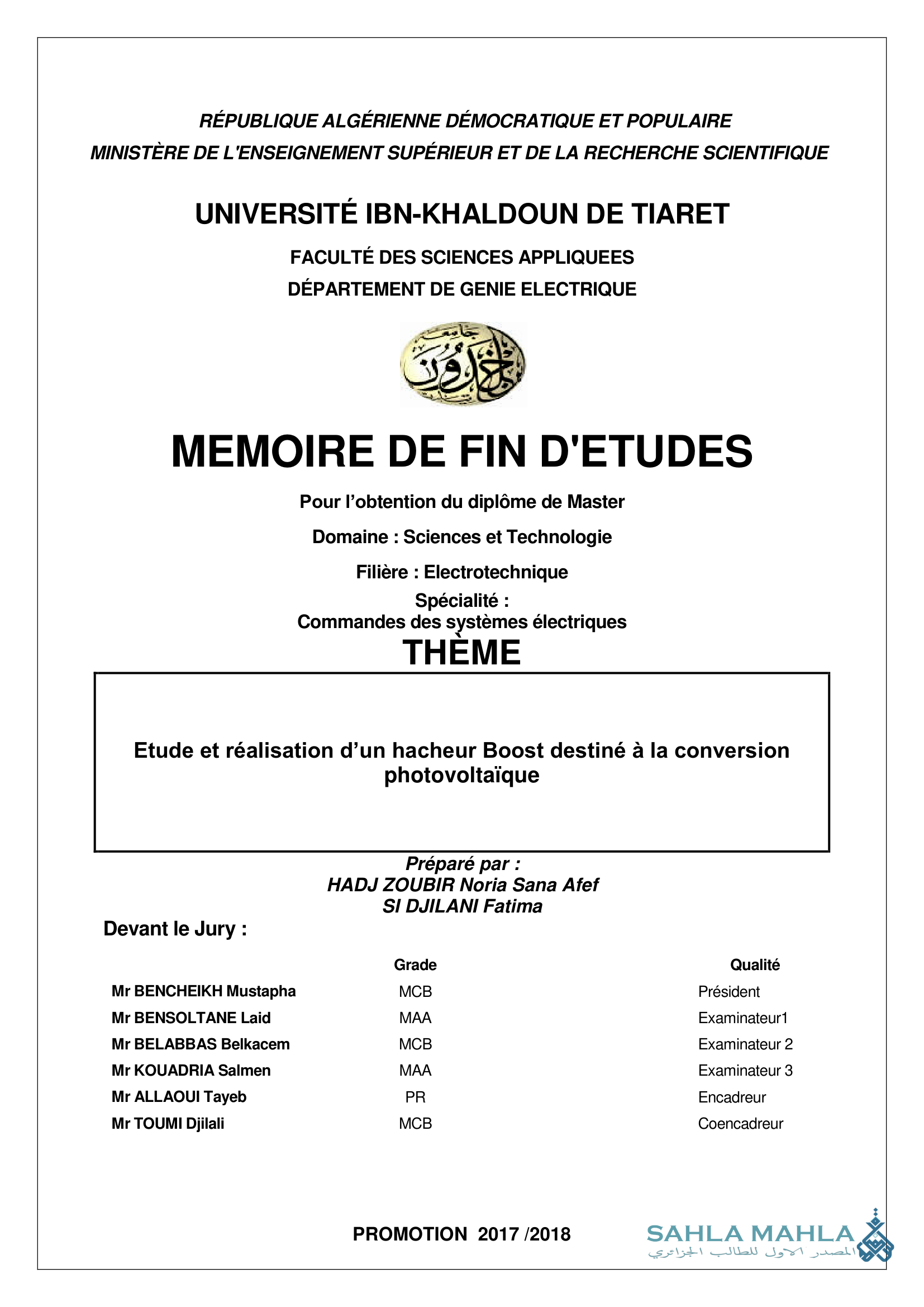 Etude et réalisation d'un hacheur Boost destiné à la conversion photovoltaïque