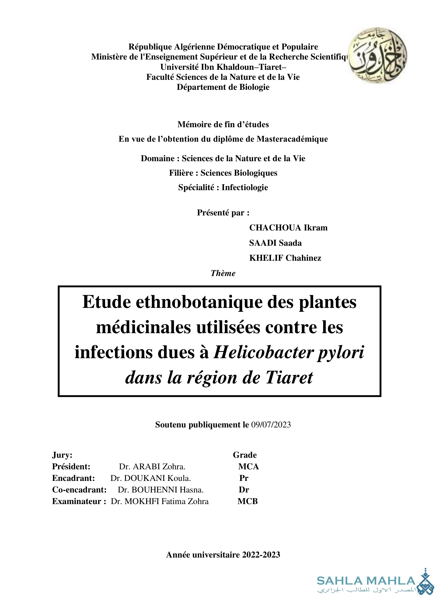 Etude ethnobotanique des plantes médicinales utilisées contre les infections dues à Helicobacter pylori dans la région de Tiaret