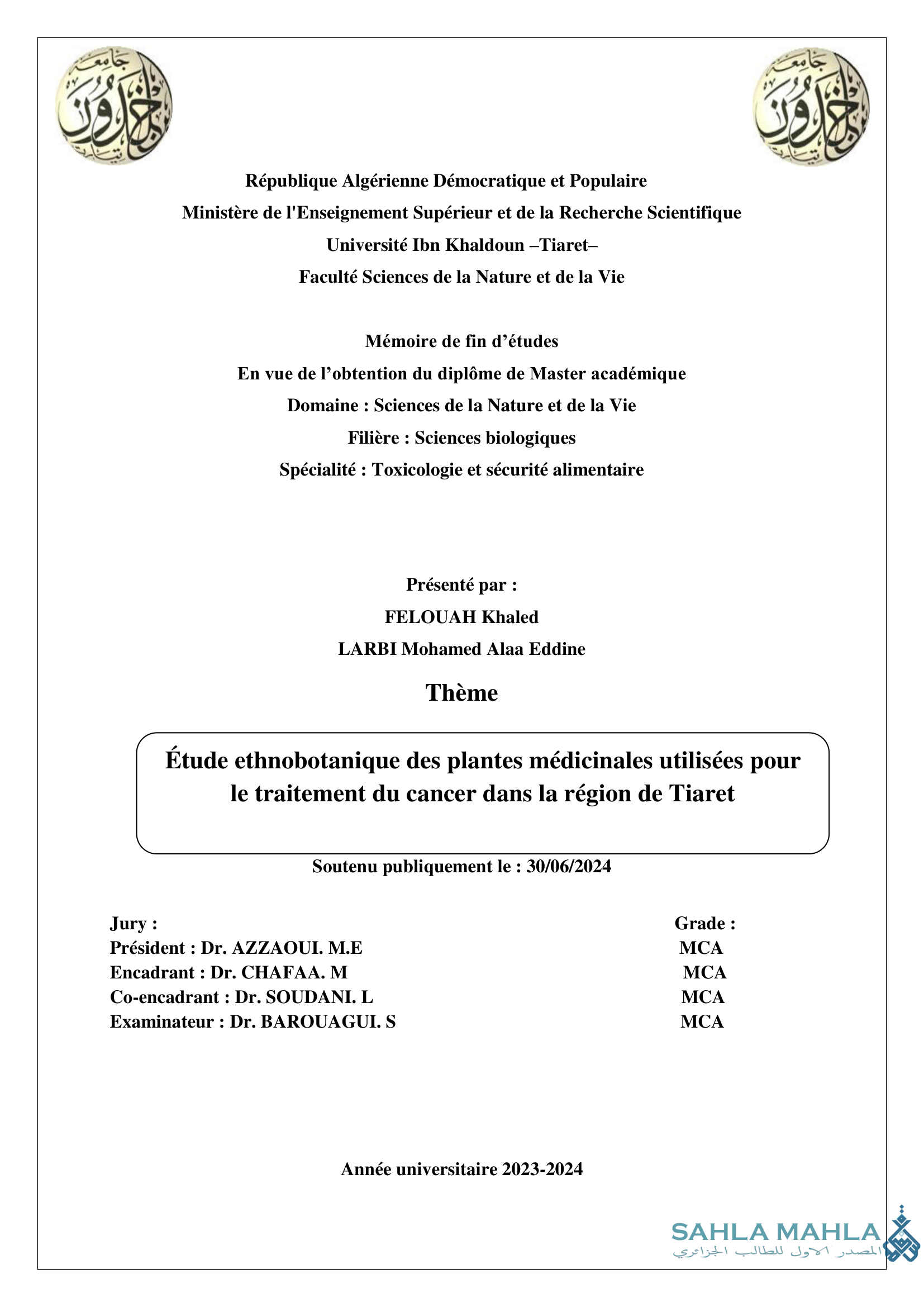 Étude ethnobotanique des plantes médicinales utilisées pour le traitement du cancer dans la région de Tiaret