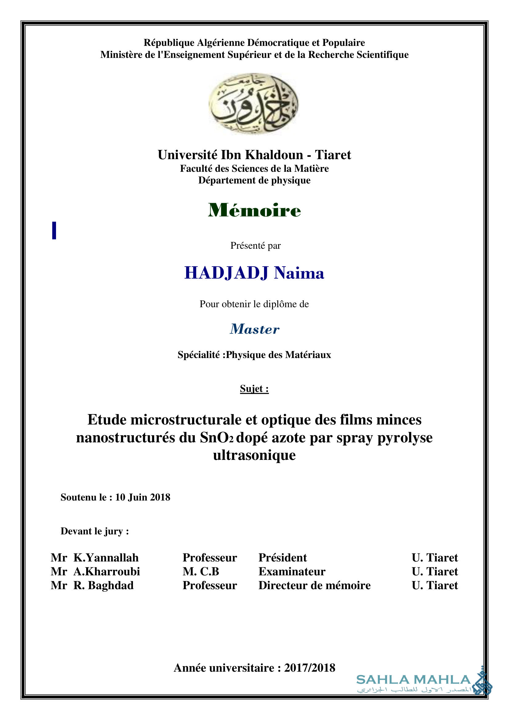 Etude microstructurale et optique des films minces nanostructurés du SnO2 dopé azote par spray pyrolyse ultrasonique