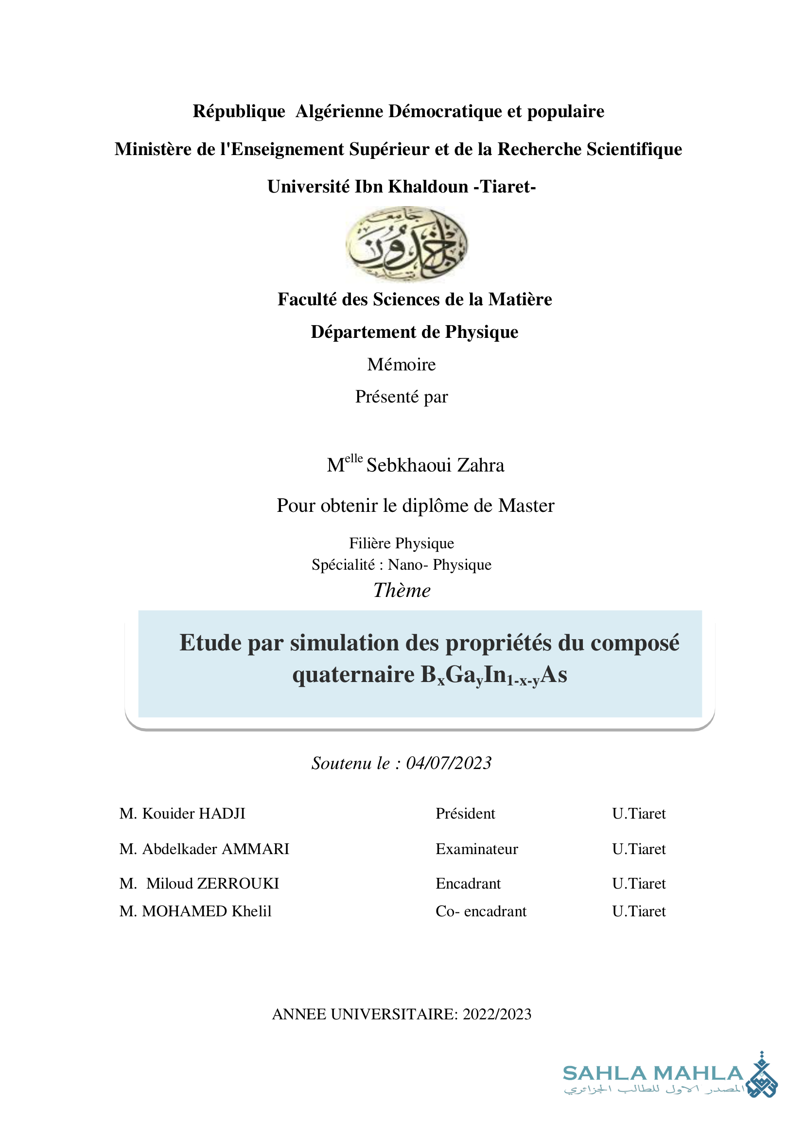 Etude par simulation des propriétés du composé quaternaire BxGayIn1-x-yAs