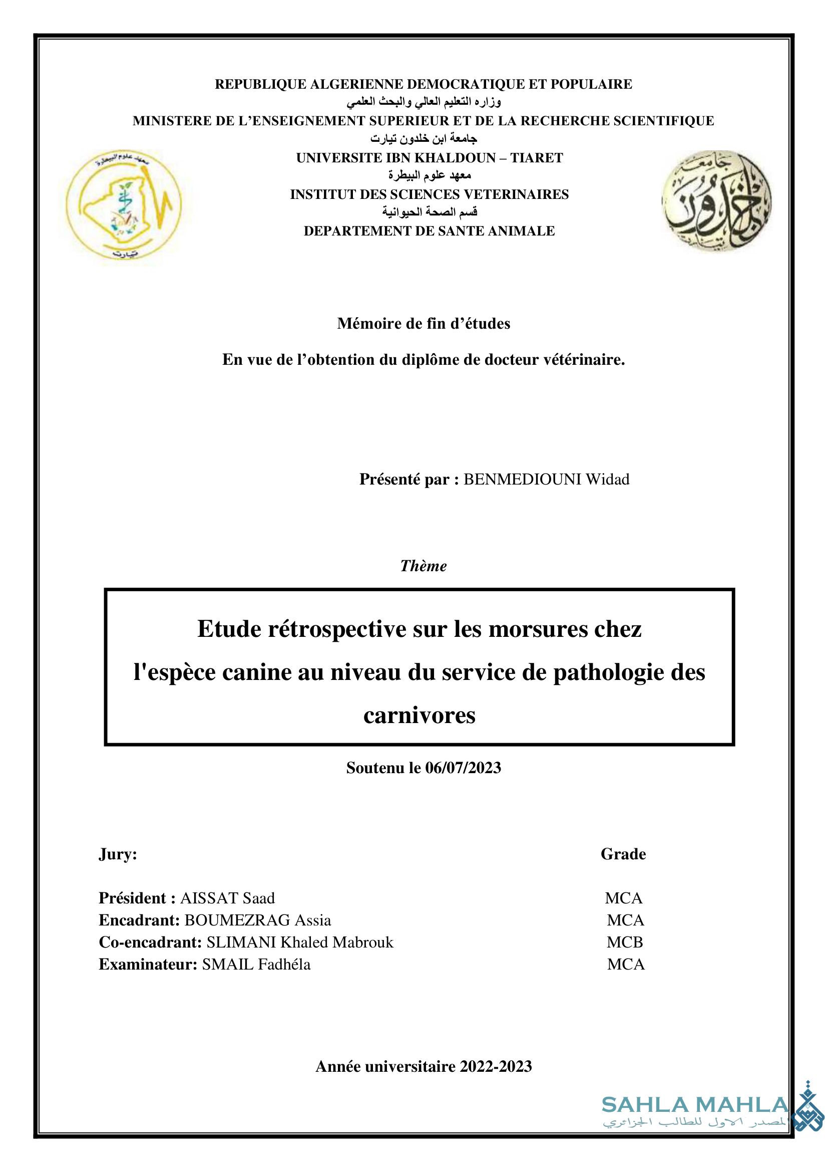 Etude rétrospective sur les morsures chez l'espèce canine au niveau du service de pathologie des carnivores