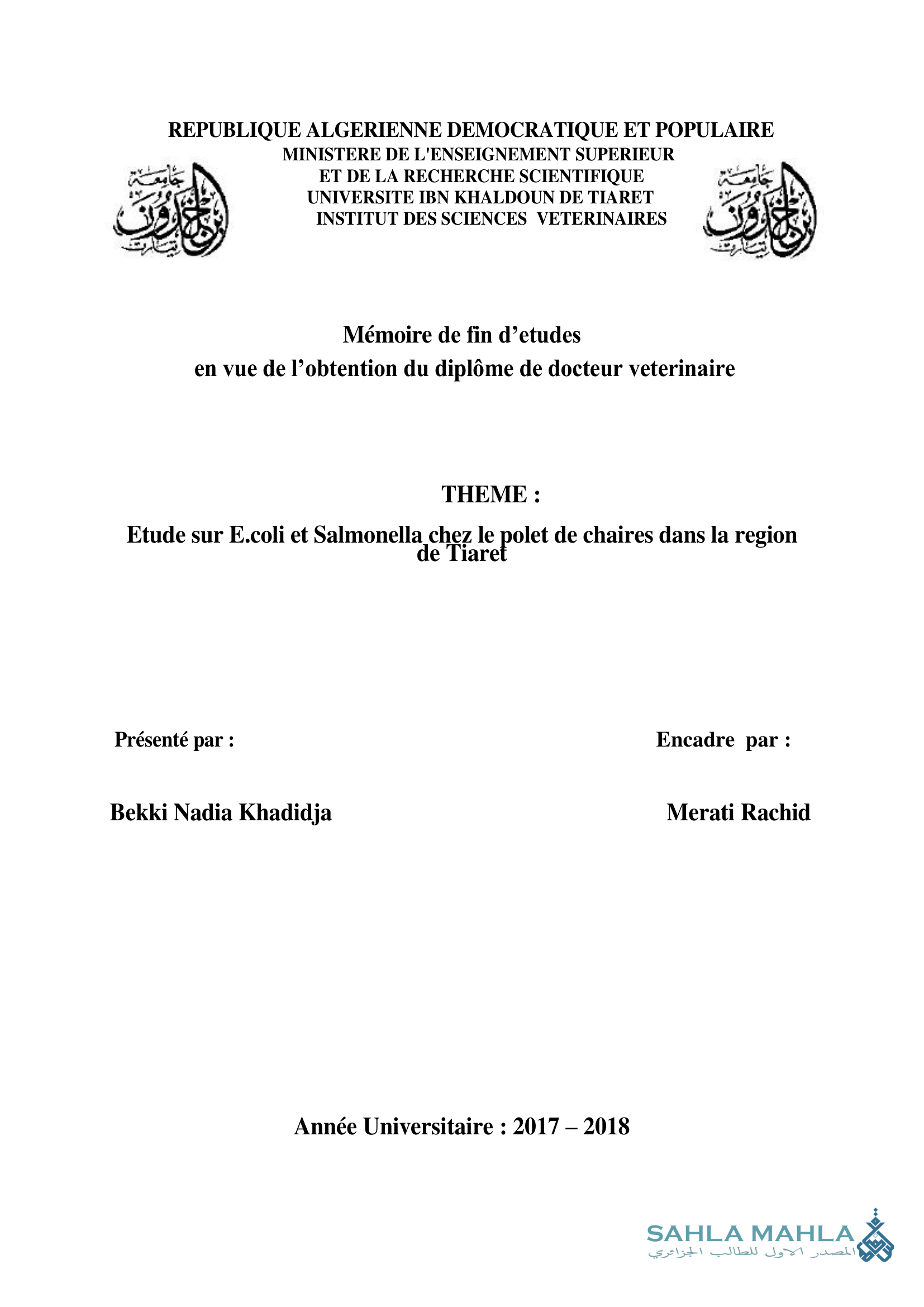 Etude sur E.coli et Salmonella chez le polet de chaires dans la region de Tiaret