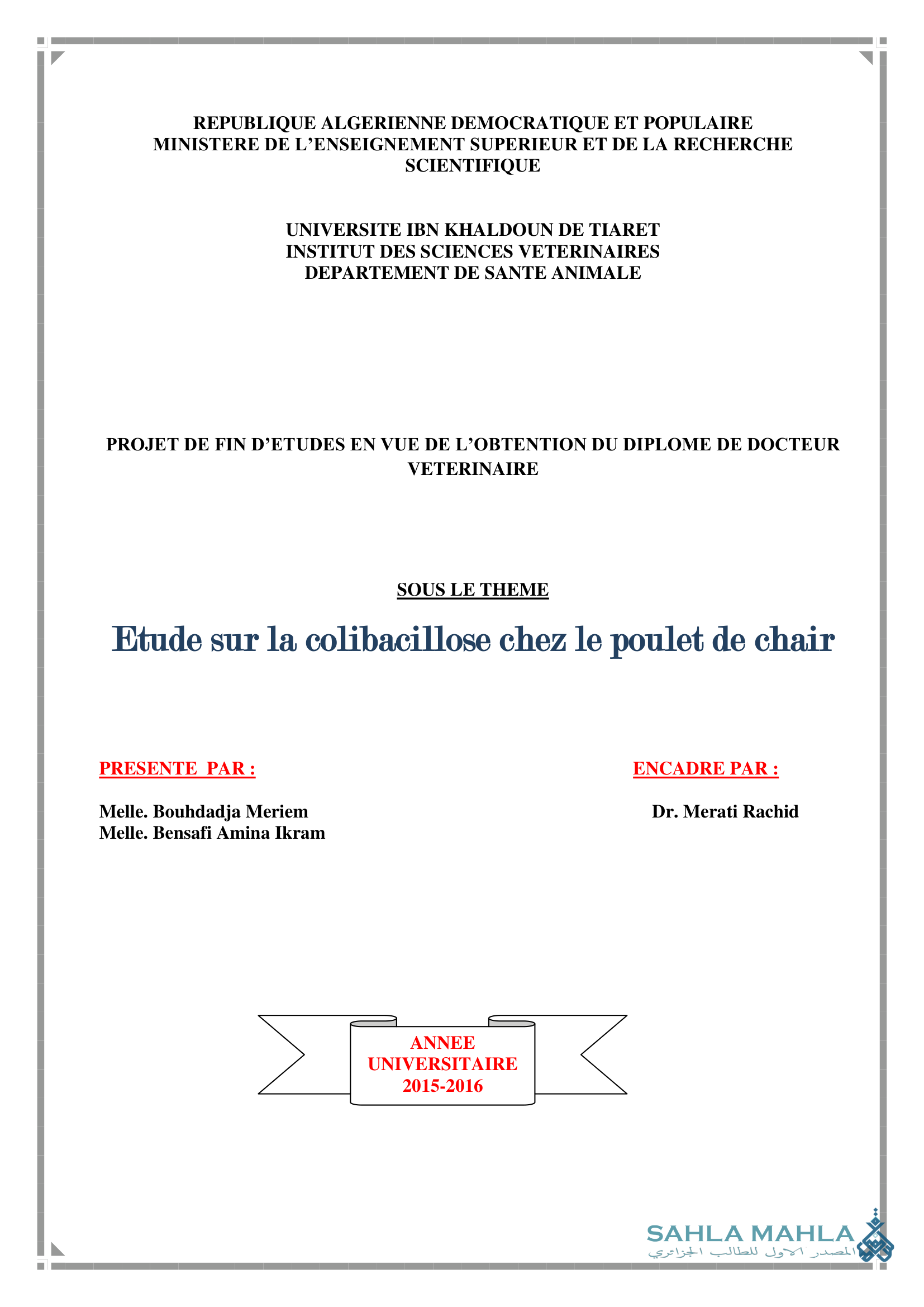 Etude sur la colibacillose chez le poulet de chair