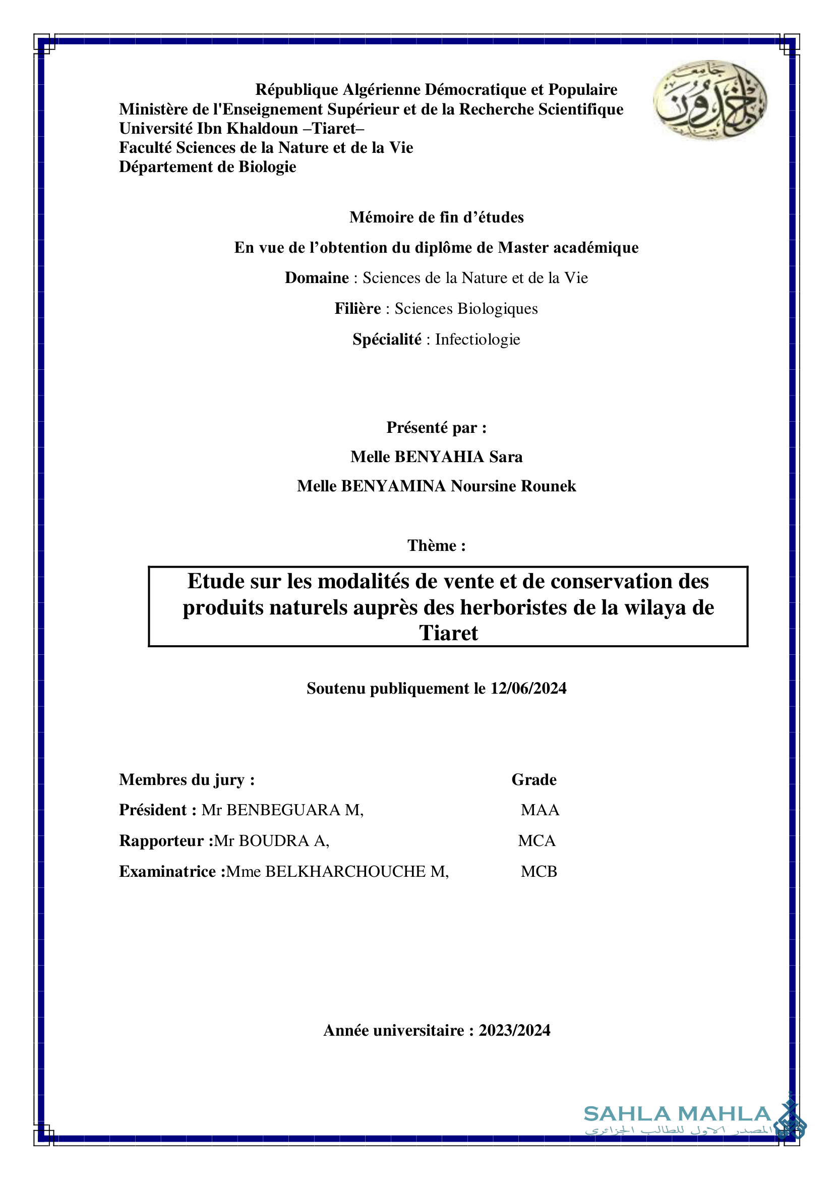 Etude sur les modalités de vente et de conservation des produits naturels auprès des herboristes de la wilaya de Tiaret
